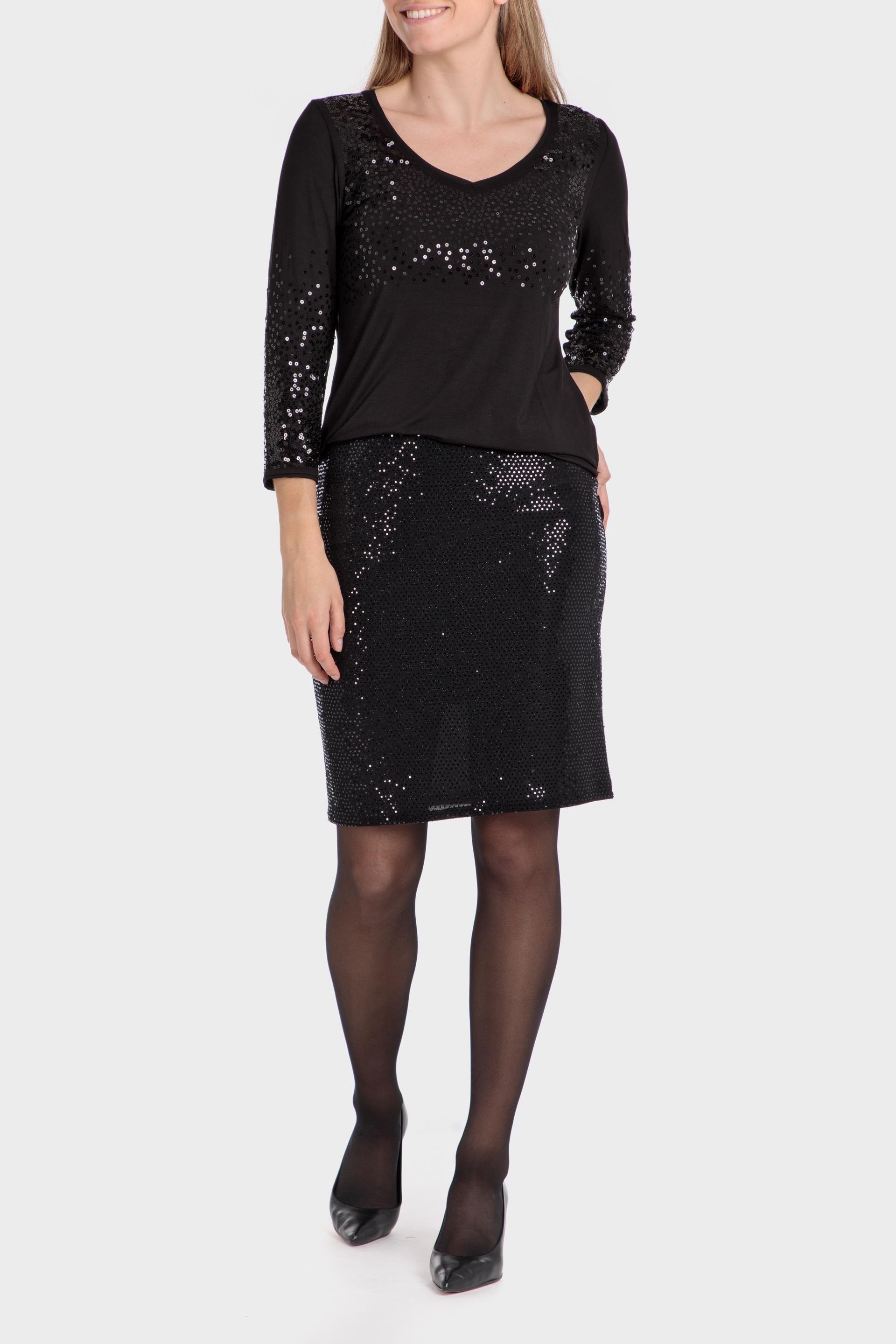 Black Long Sleeve Sequined T-Shirt, , large image number 1