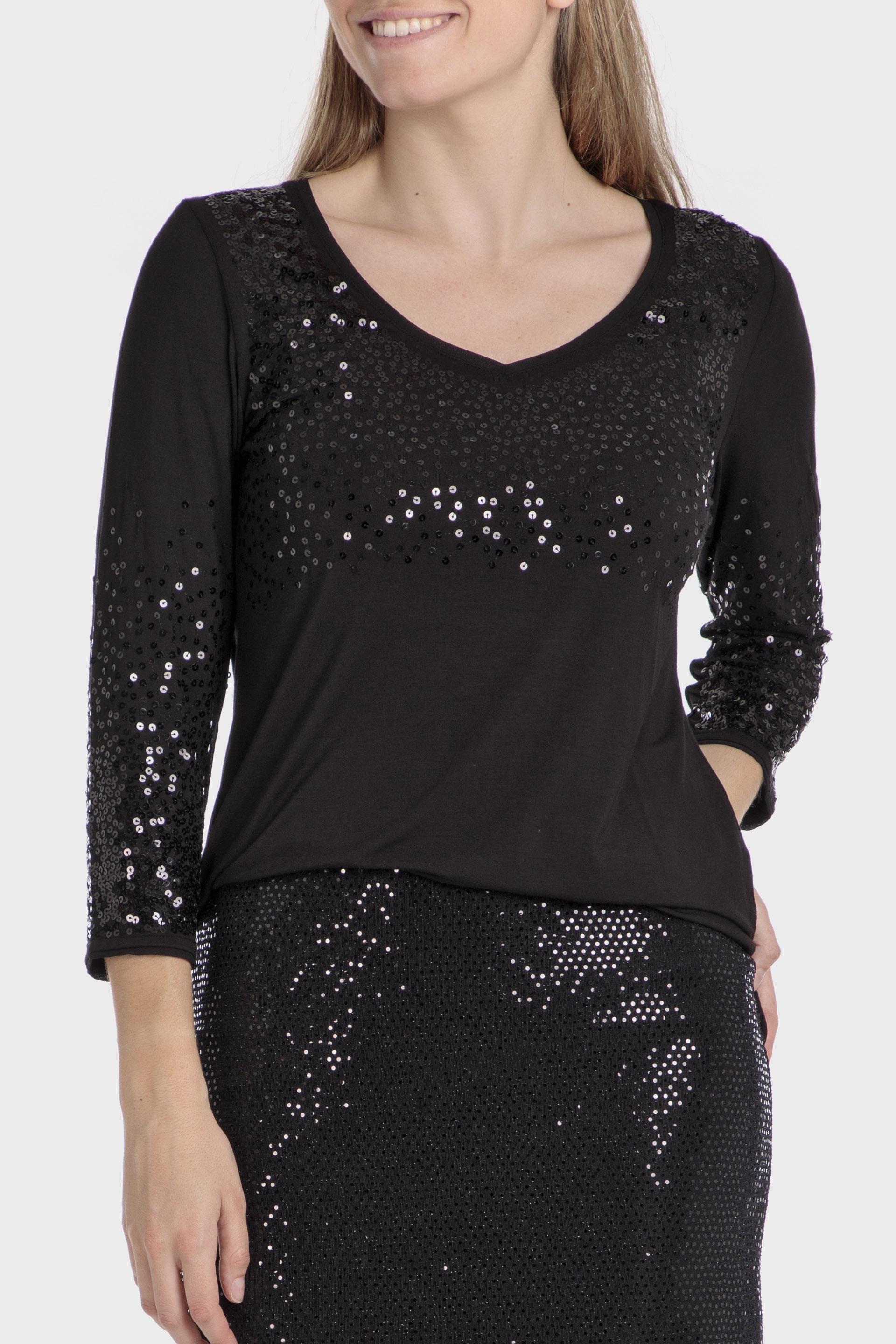 Black Long Sleeve Sequined T-Shirt, , large image number 2