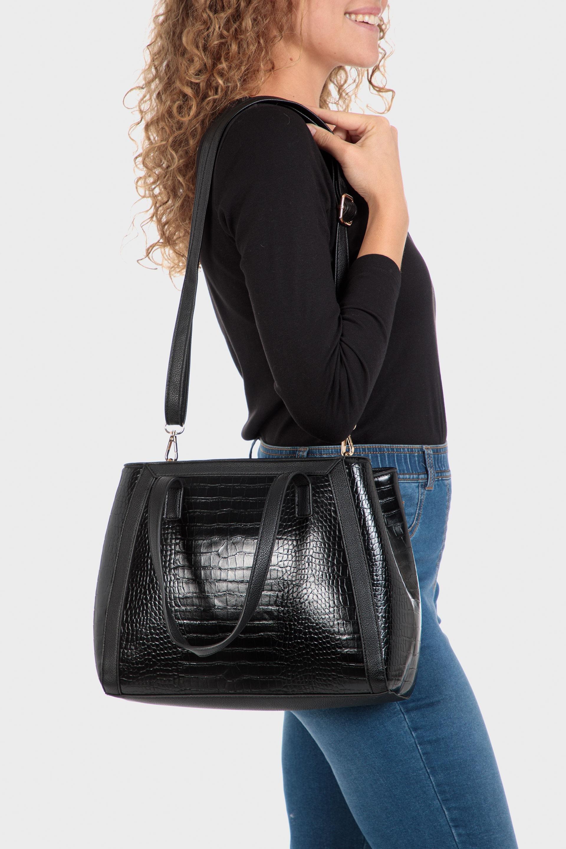 Black Embossed Shoulder Bag, Black, large image number 1