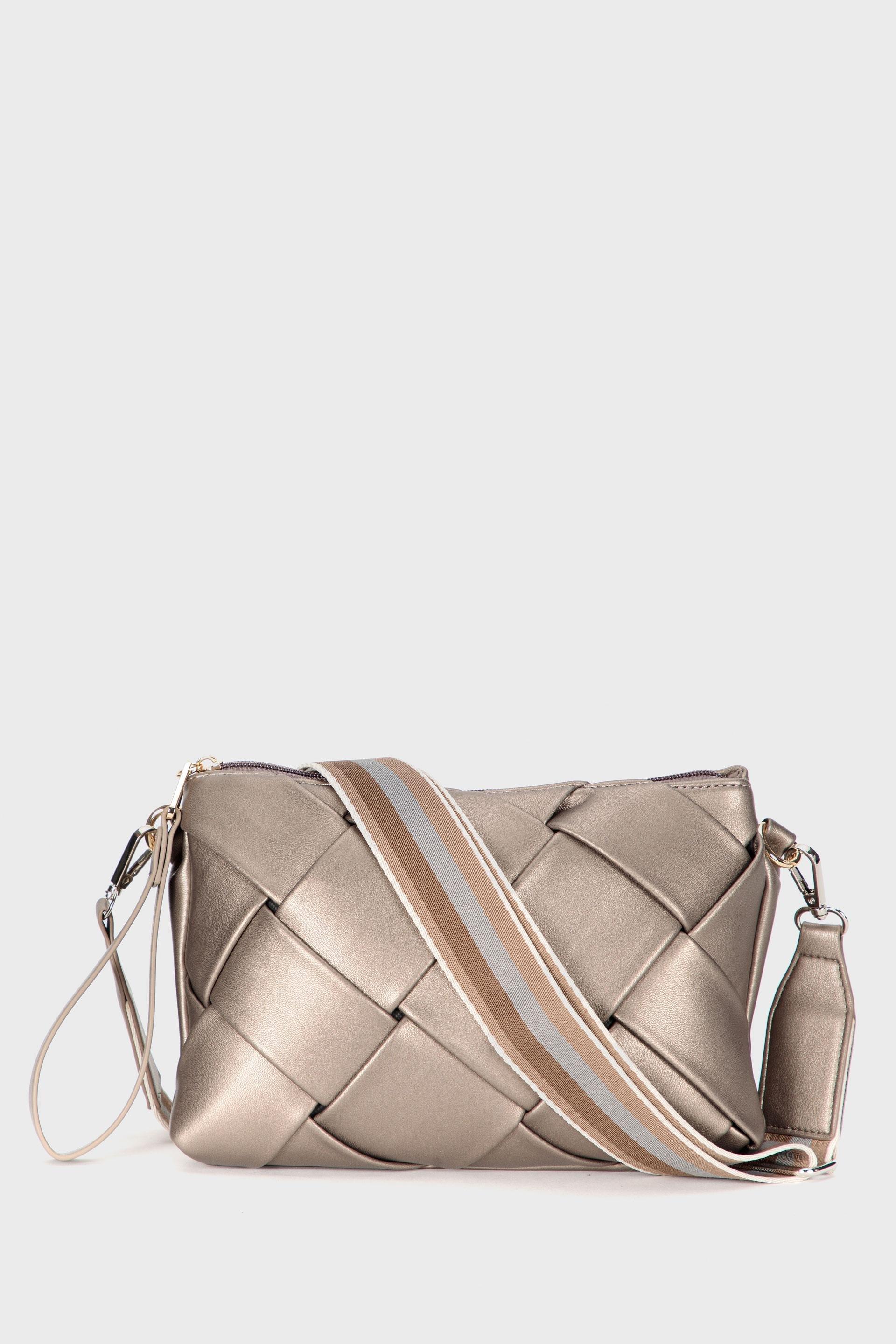 Brown Woven Shoulder Bag, Metal Bronze, large image number 1