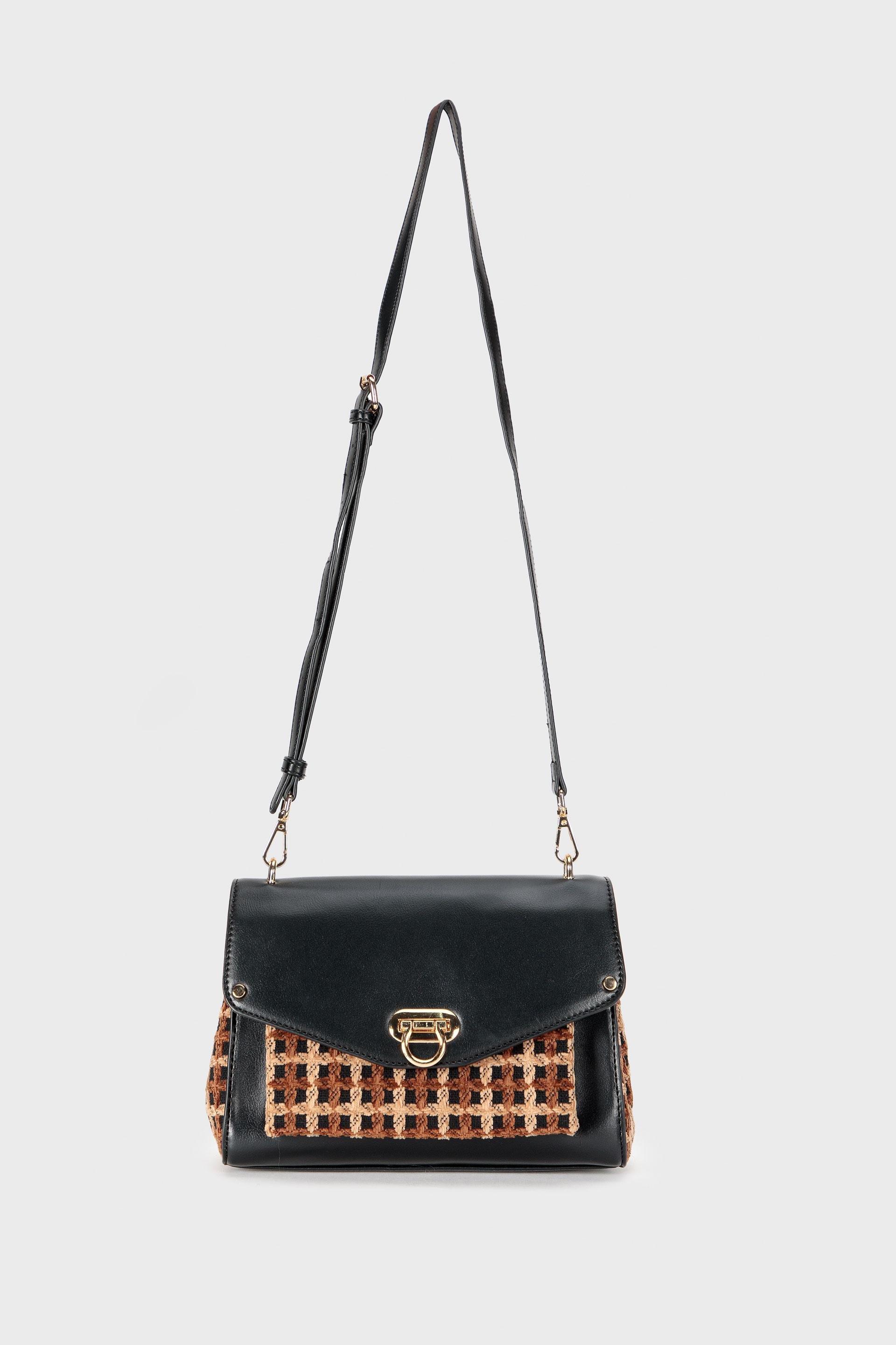 Black Woven Shoulder Bag, Black, large image number 1