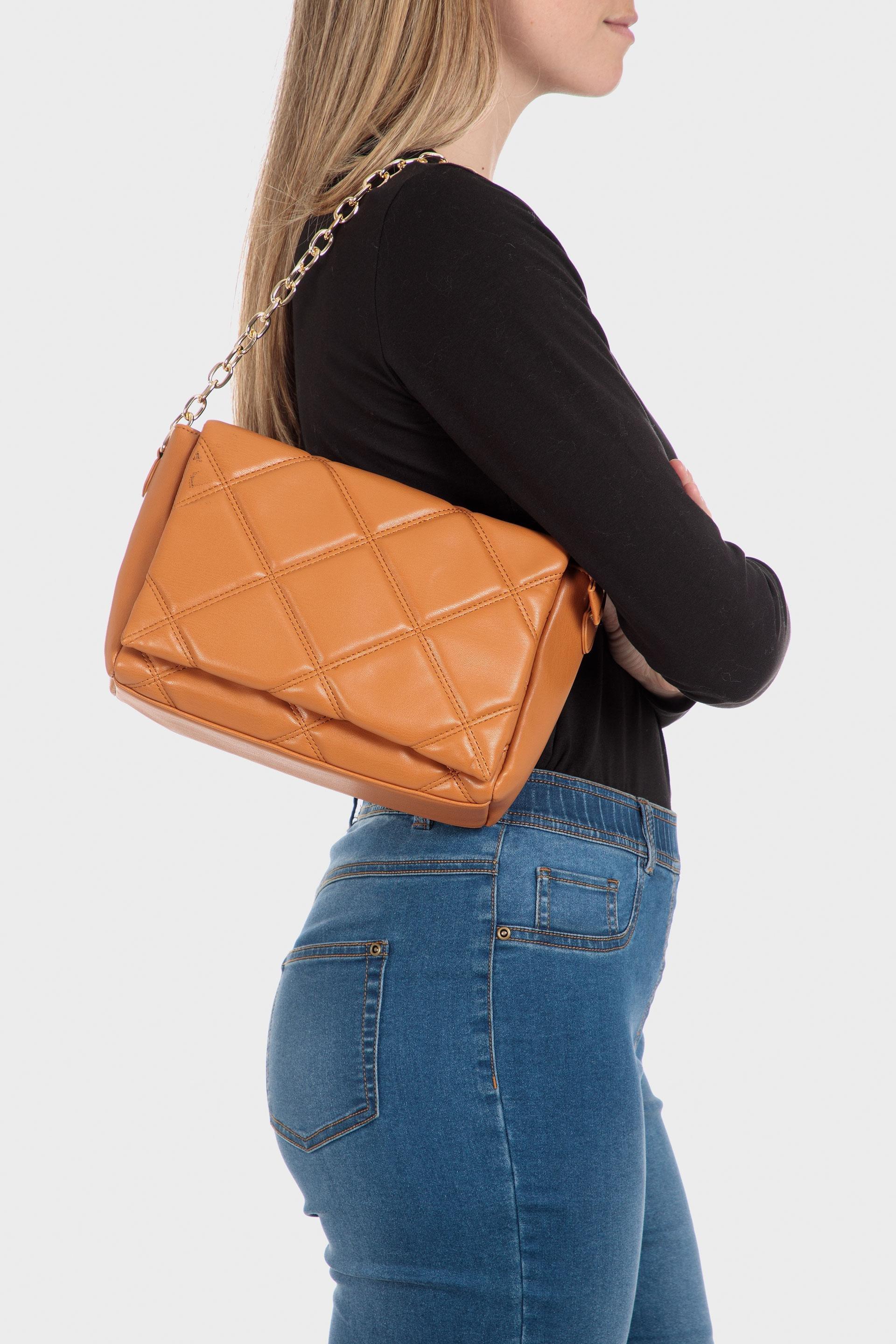 Orange Quilted Shoulder Bag, Beige Camel, large image number 0