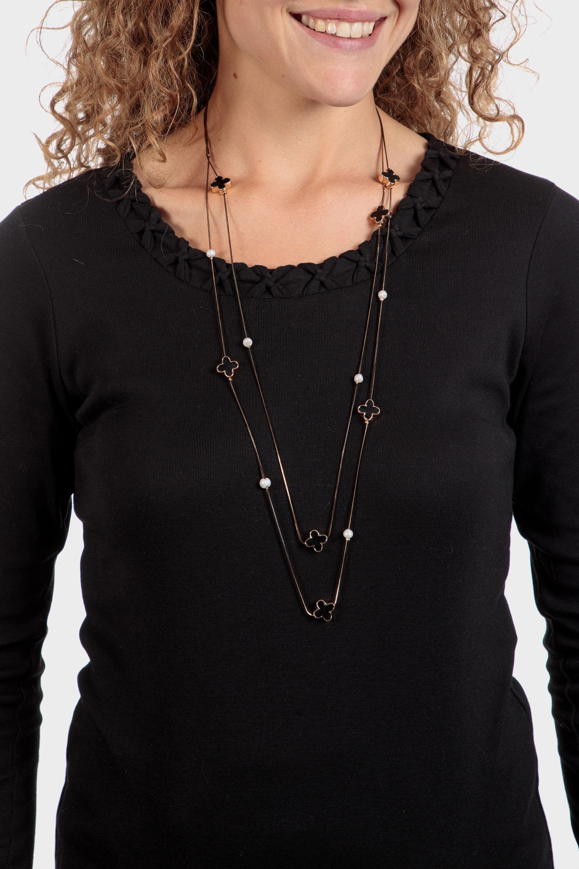 Gold Detailed Long Necklace, Black, large image number 0