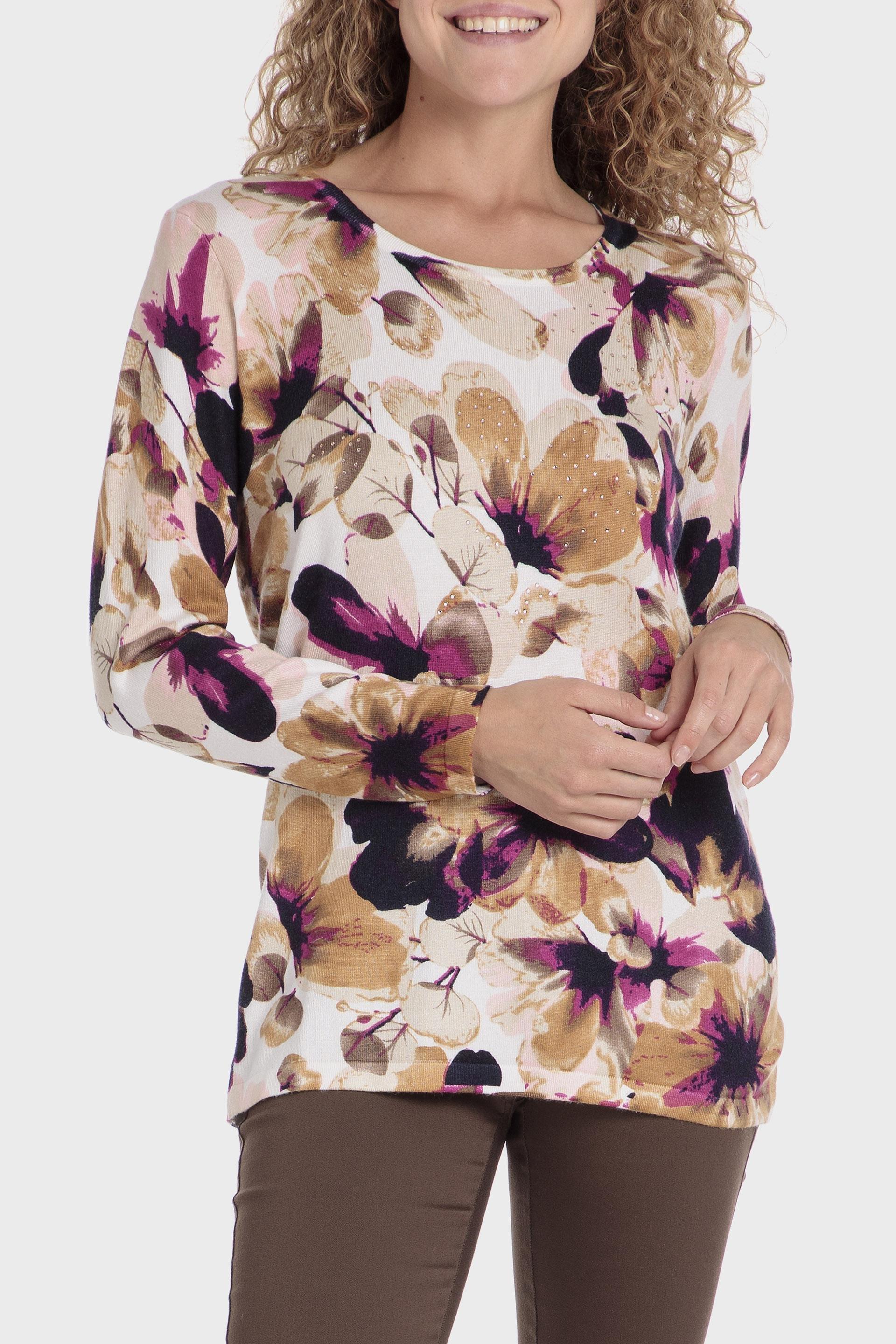Beige Floral Longline Sweater, , large image number 0
