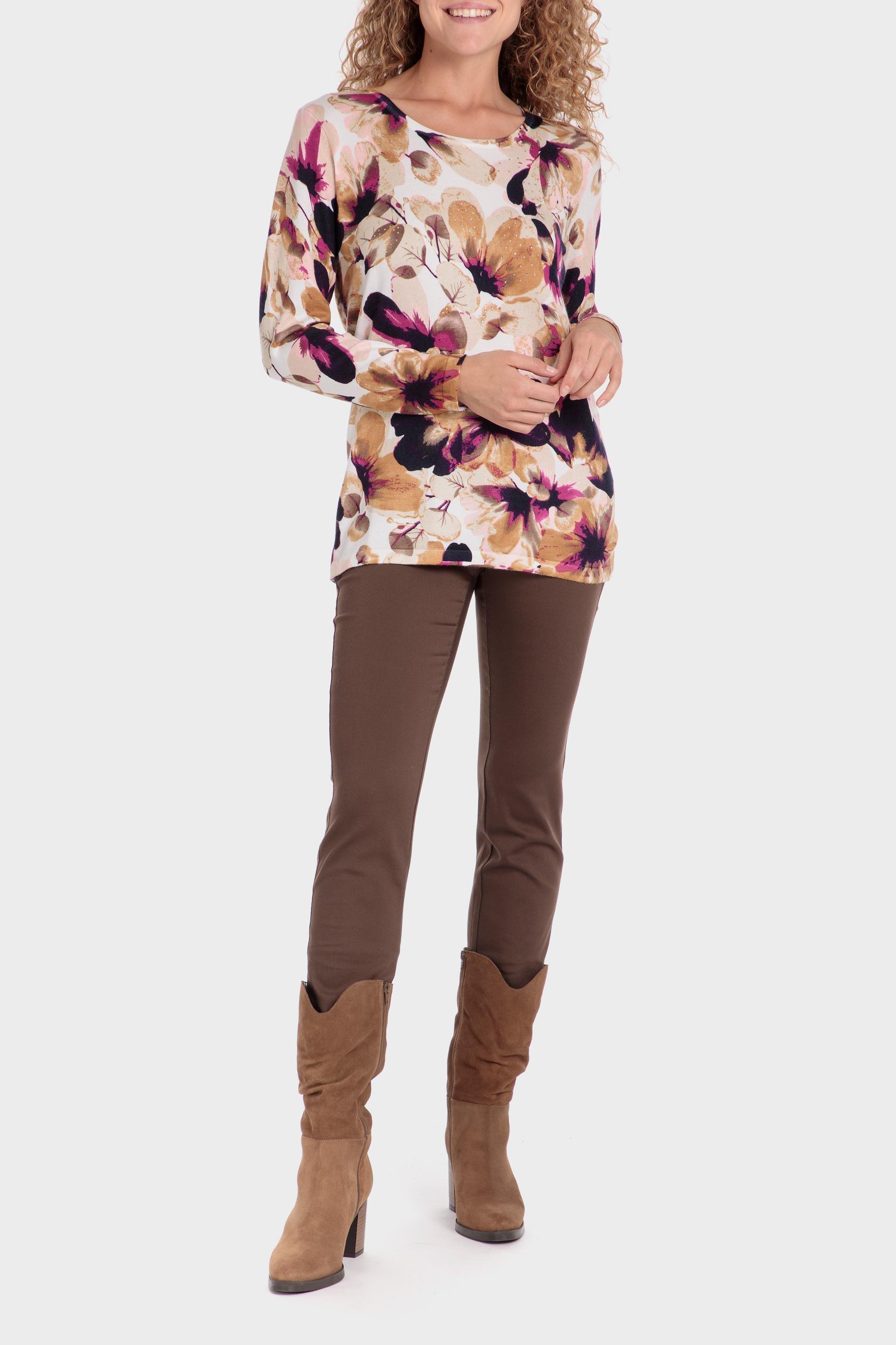 Beige Floral Longline Sweater, , large image number 1