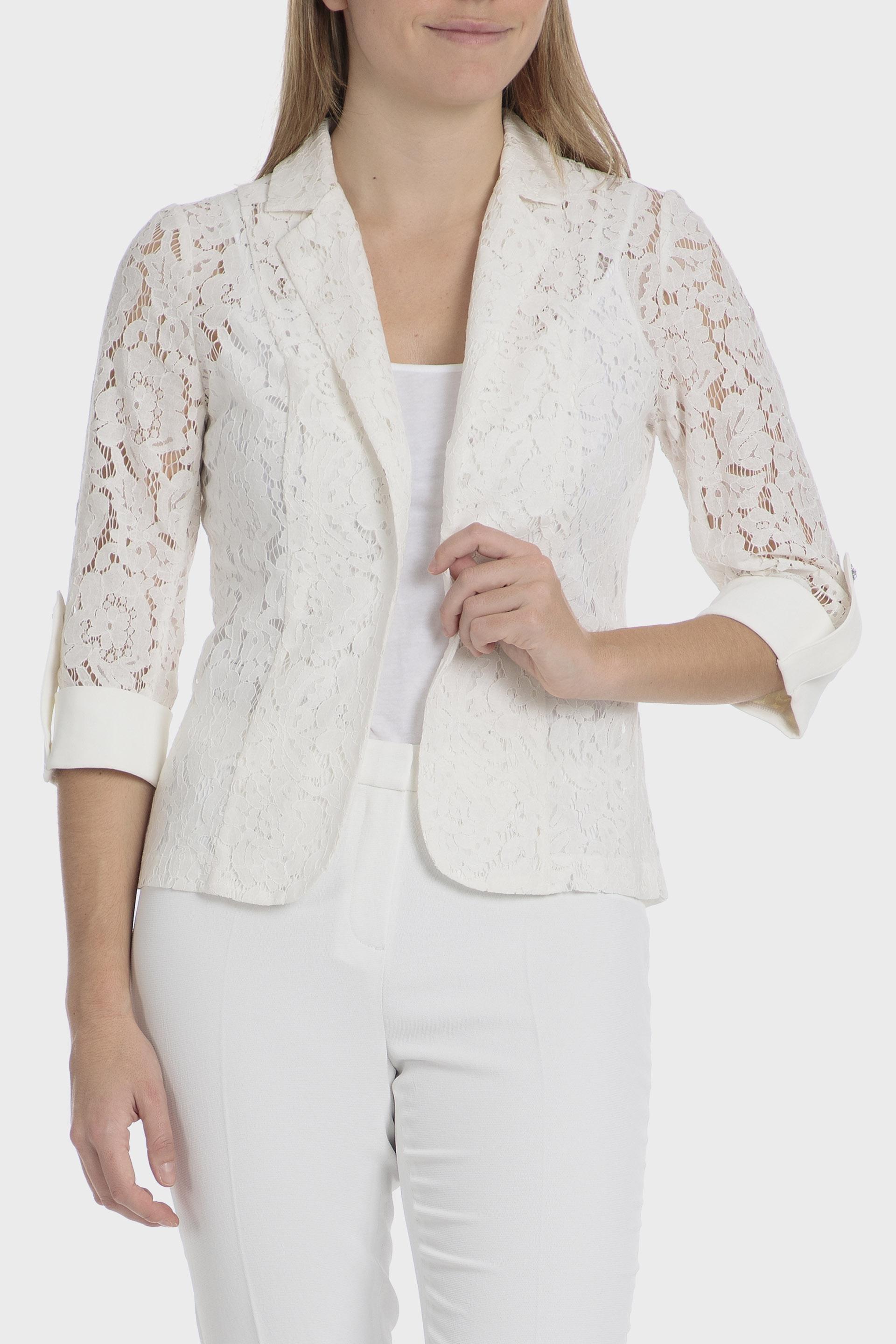 Cream Lace Lapel Collar Blazer, Beige Talc, large image number 0