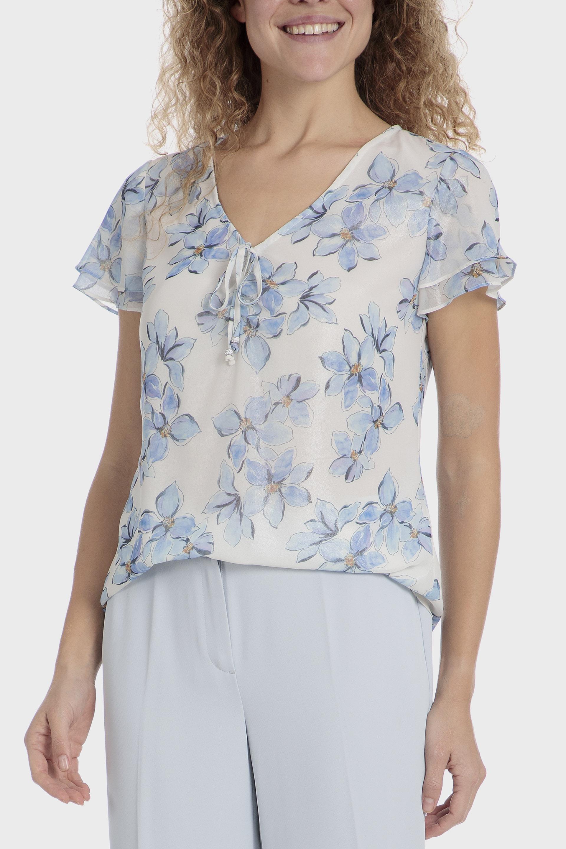 بلوزة بنقشة زهور بفتحة رقبة V، أزرق, 3701_250, medium