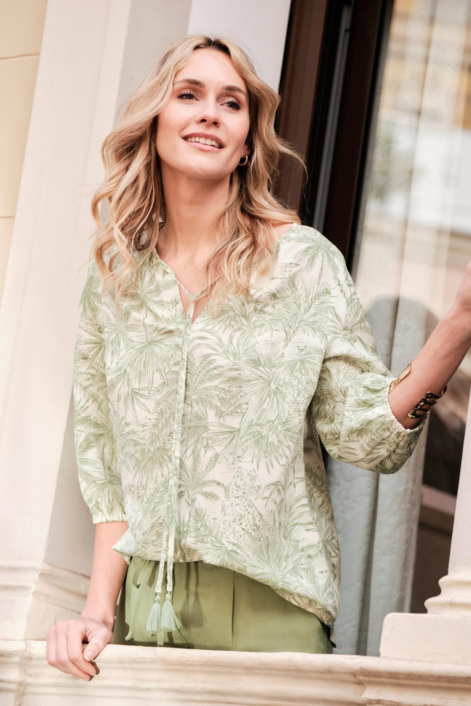 Green Linen Tropical Blouse, , large