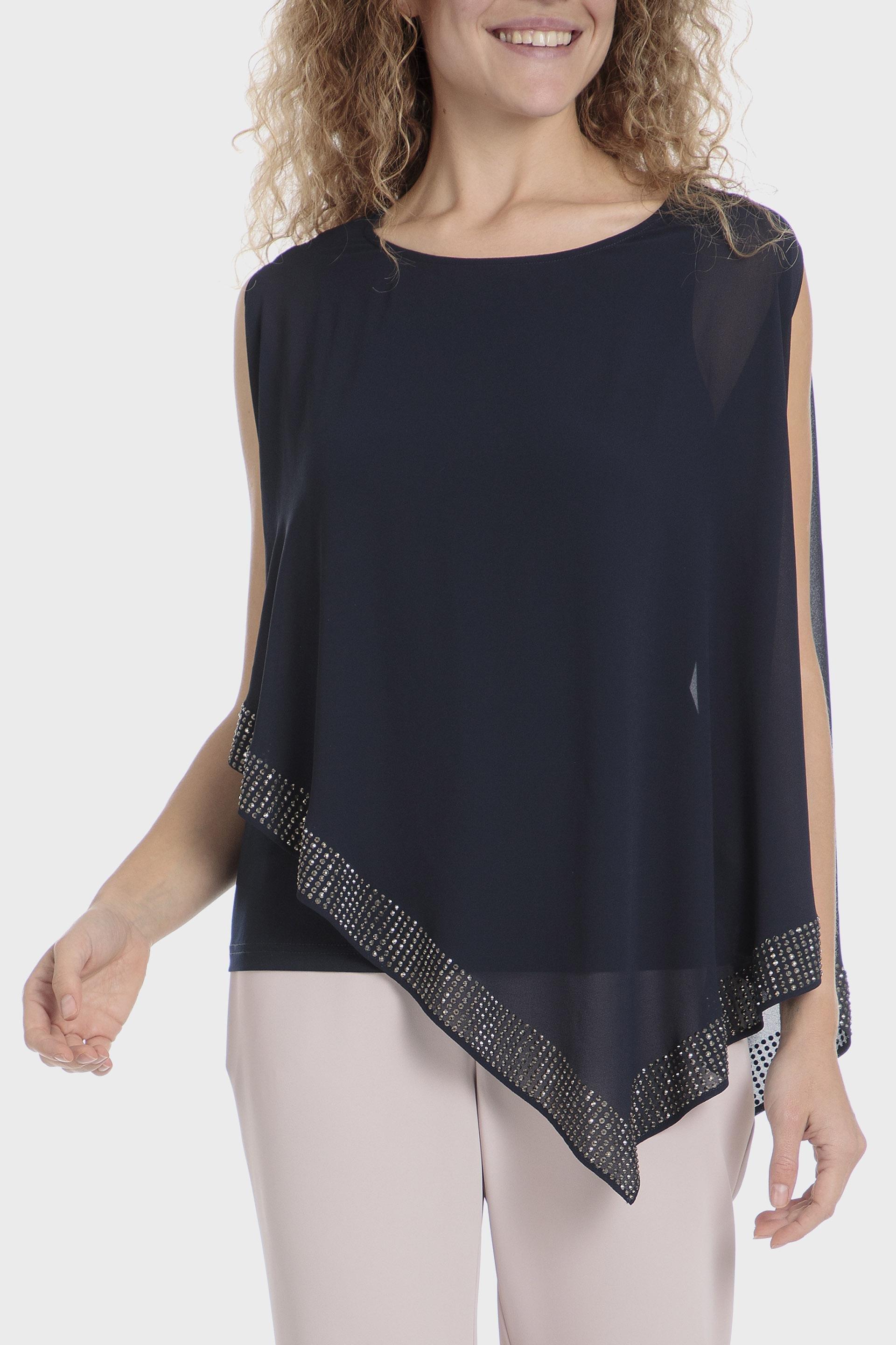 Navy Asymmetric Rhinestone Blouse, , large image number 0