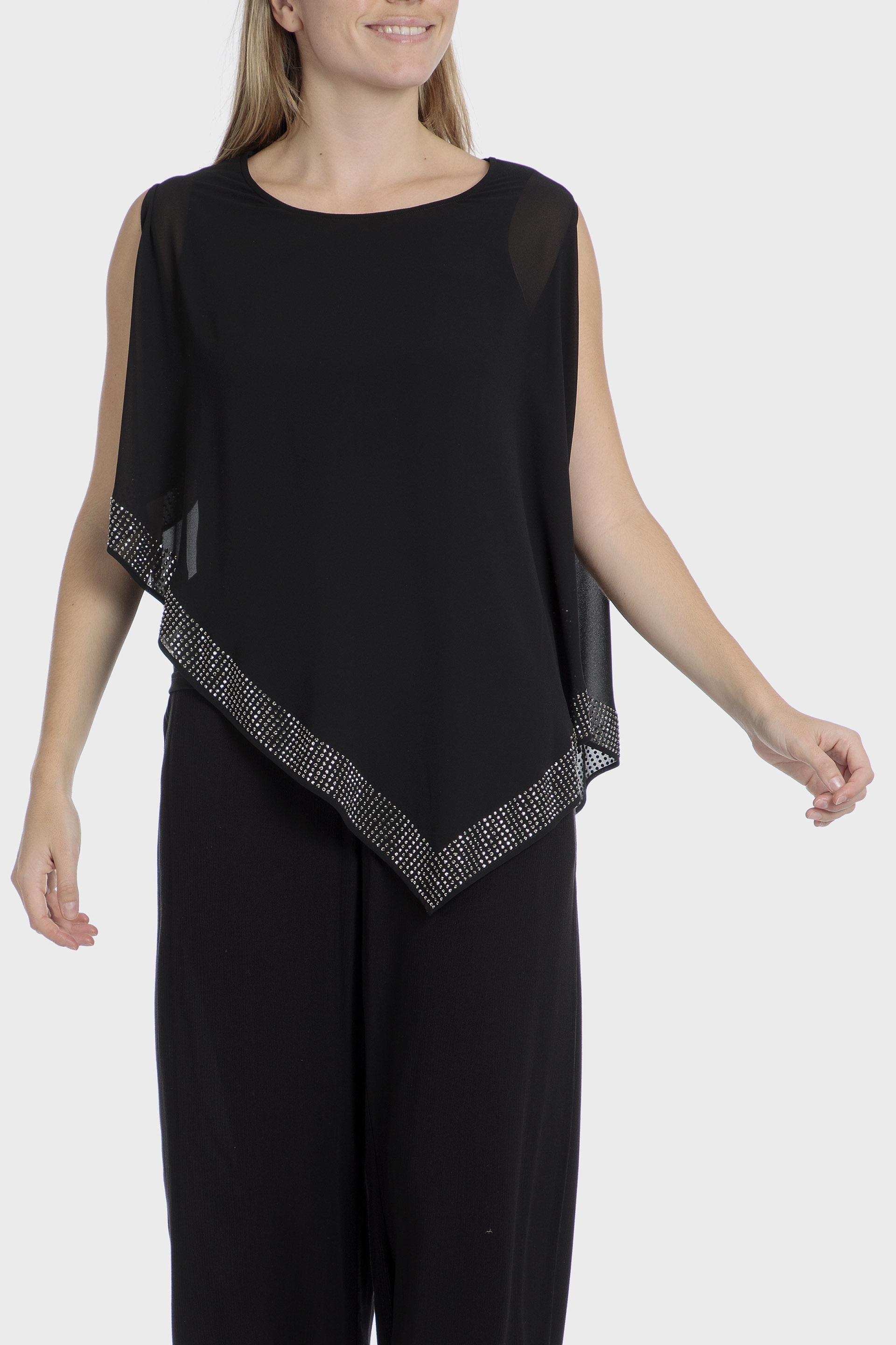 Black Asymmetric Rhinestone Blouse, , large image number 0