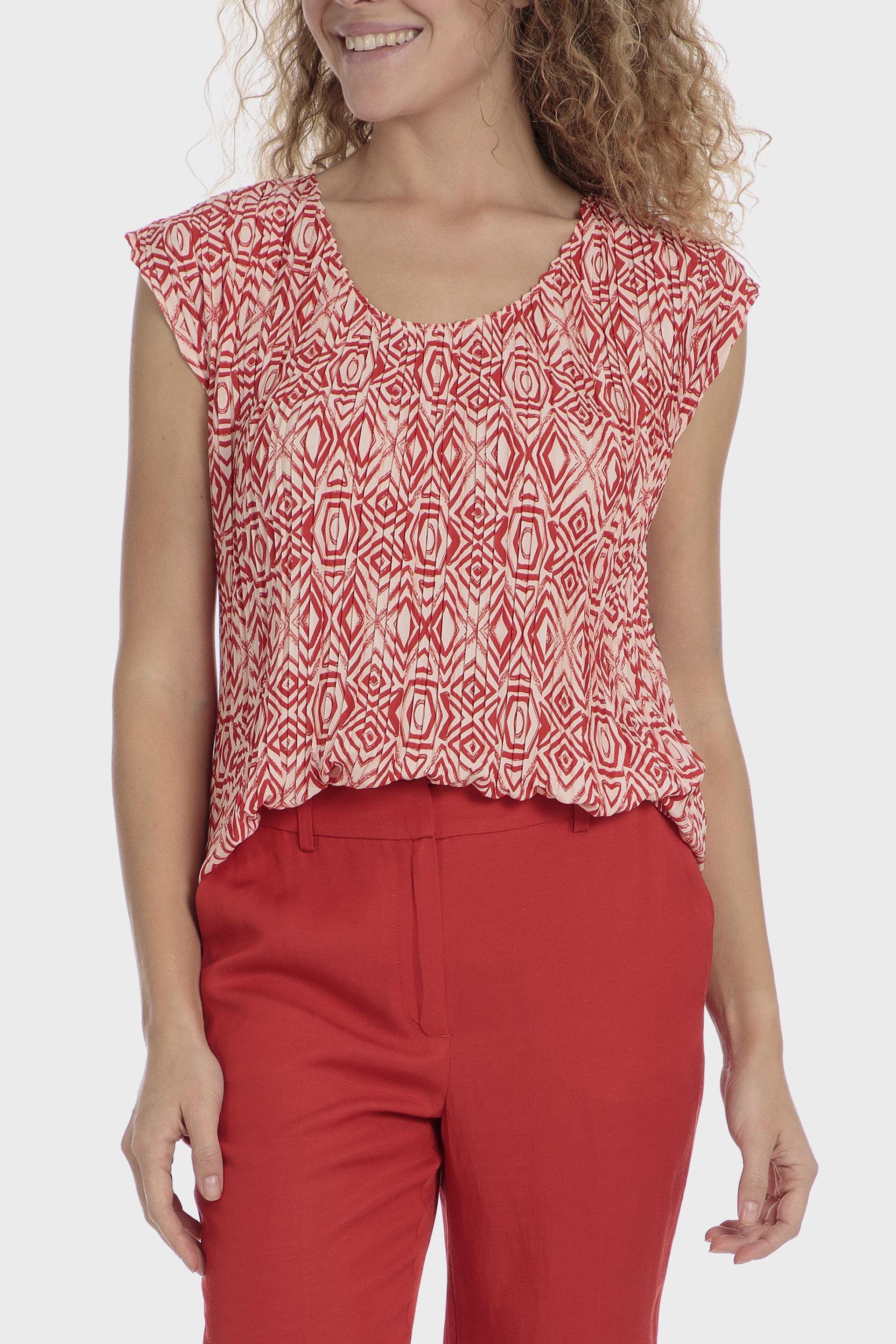Red Pleated Printed Blouse, , large image number 0