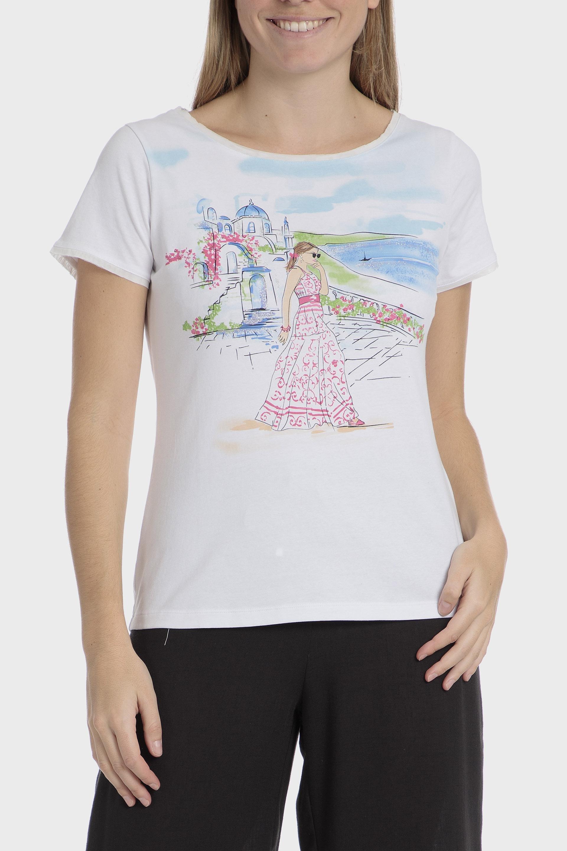 Rhinestone Graphic Print T-Shirt, Beige Talc, medium