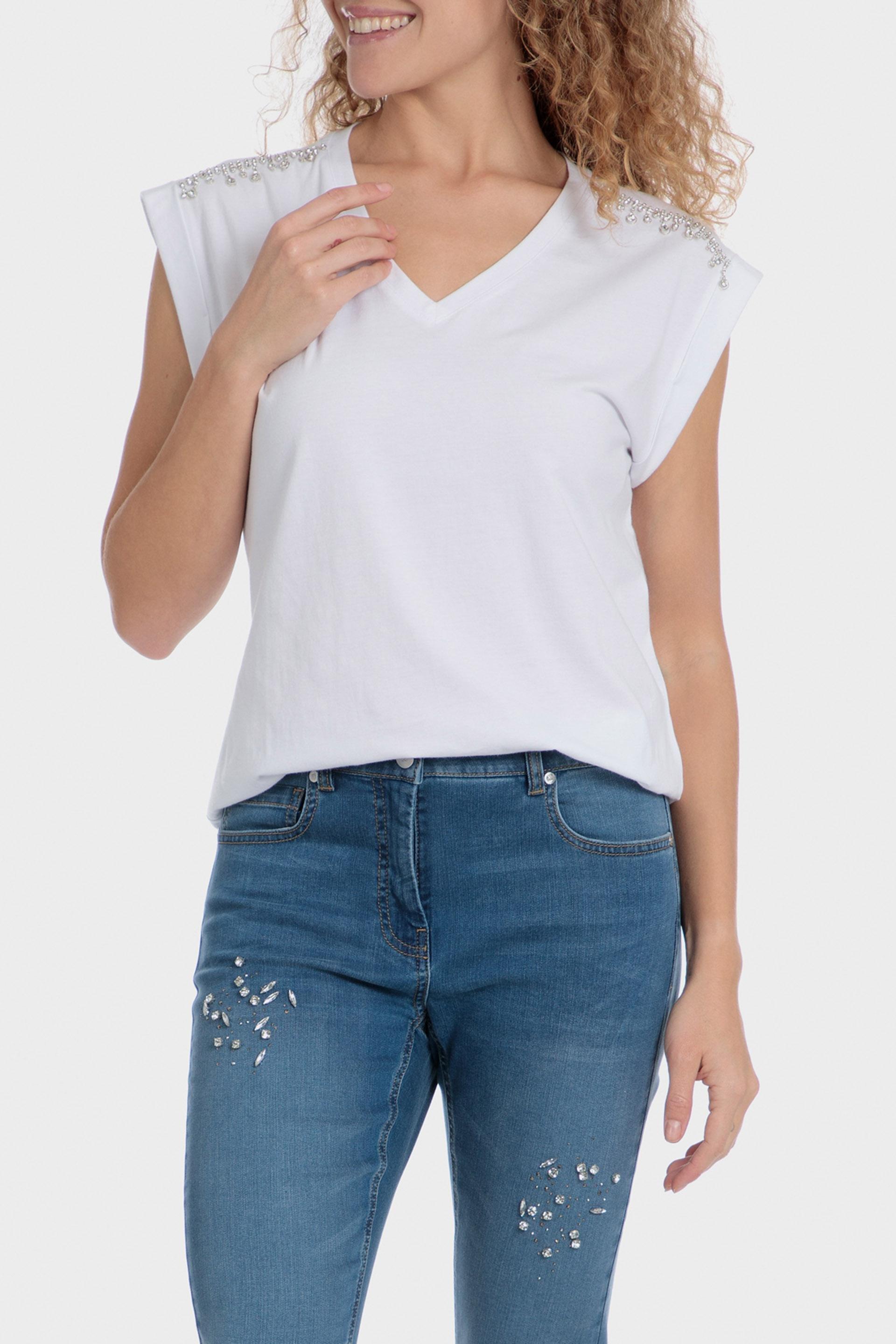 White T-Shirt With Gemstones, White, large image number 0