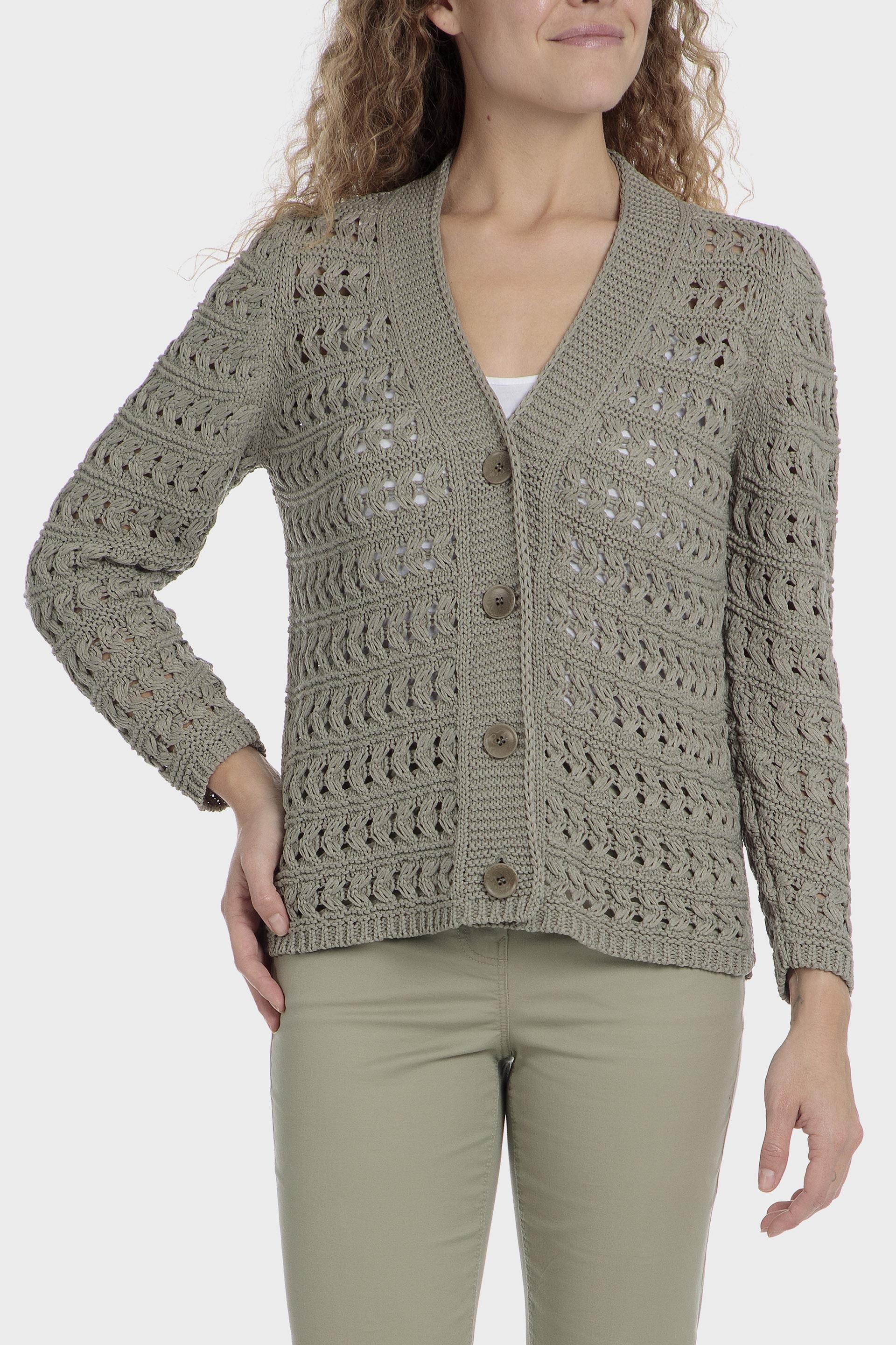 Khaki Textured Crochet Cardigan, , medium