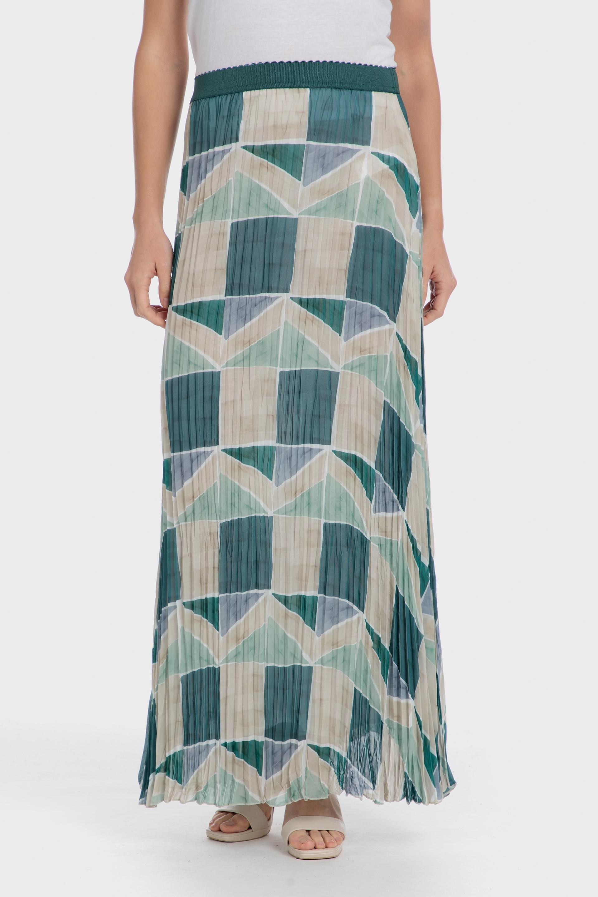 تنورة متوسطة الطول بكسرات وطبعة، أخضر, Beige, medium