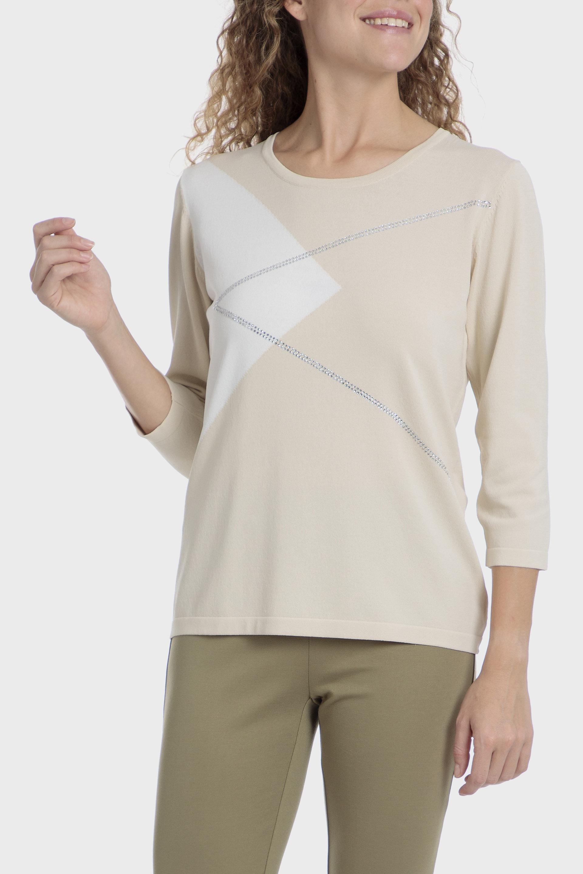 Beige Rhinestone Intarsia Sweater, Beige, medium