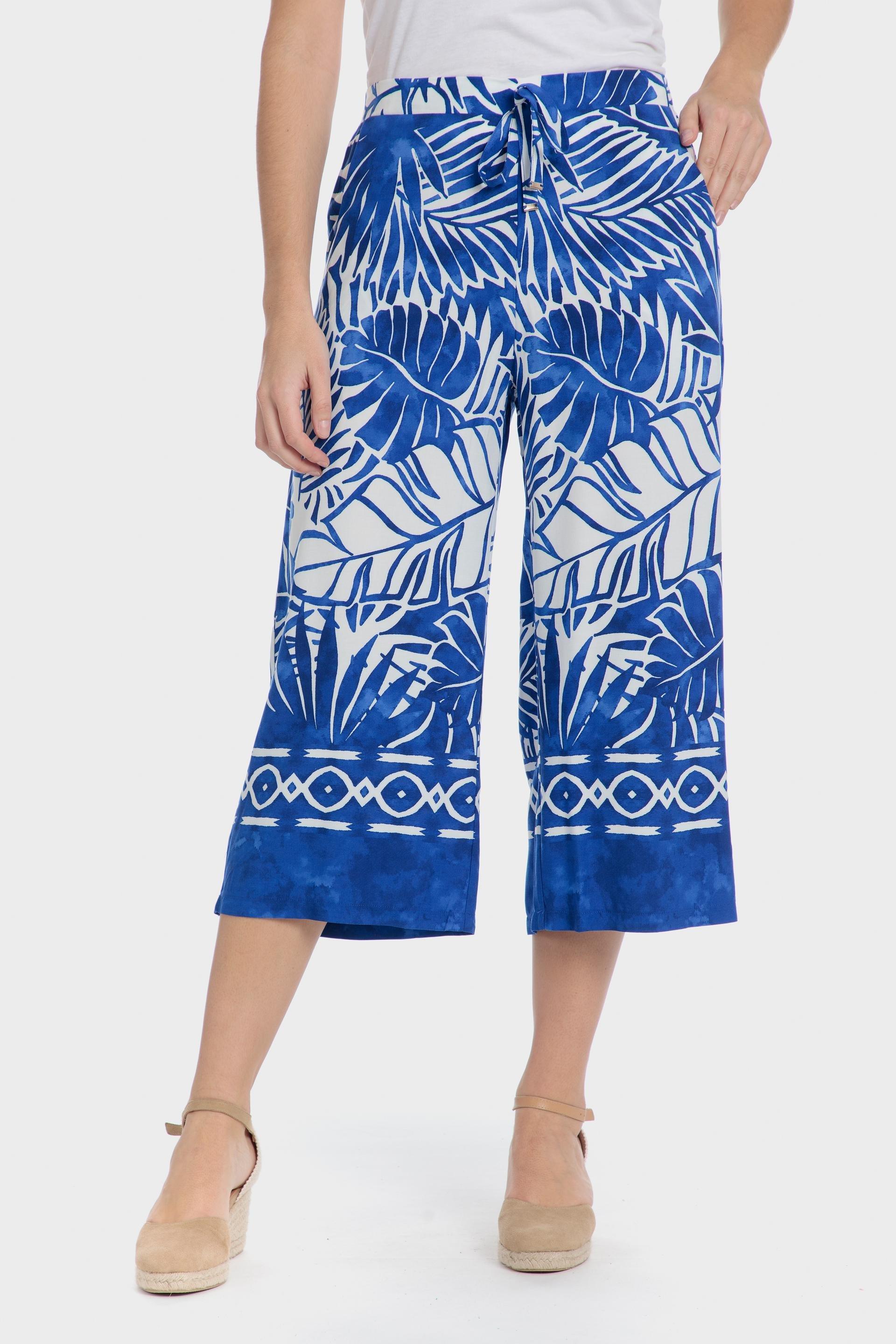 Blue Printed Culotte Trousers, , medium