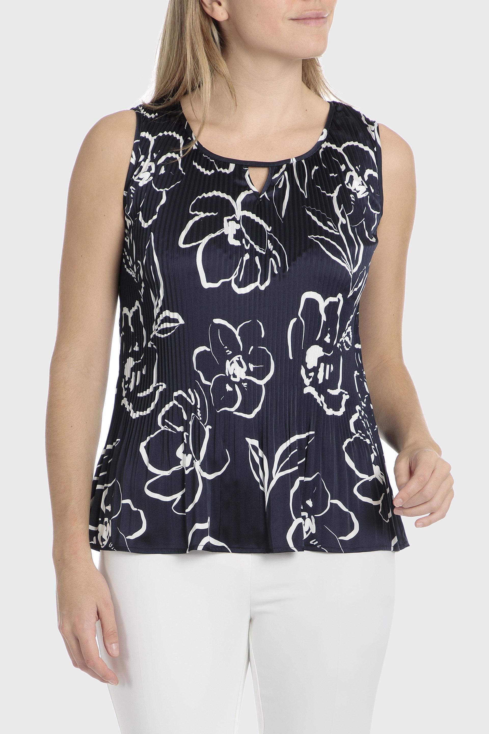 Navy Floral Pleated Top, , medium