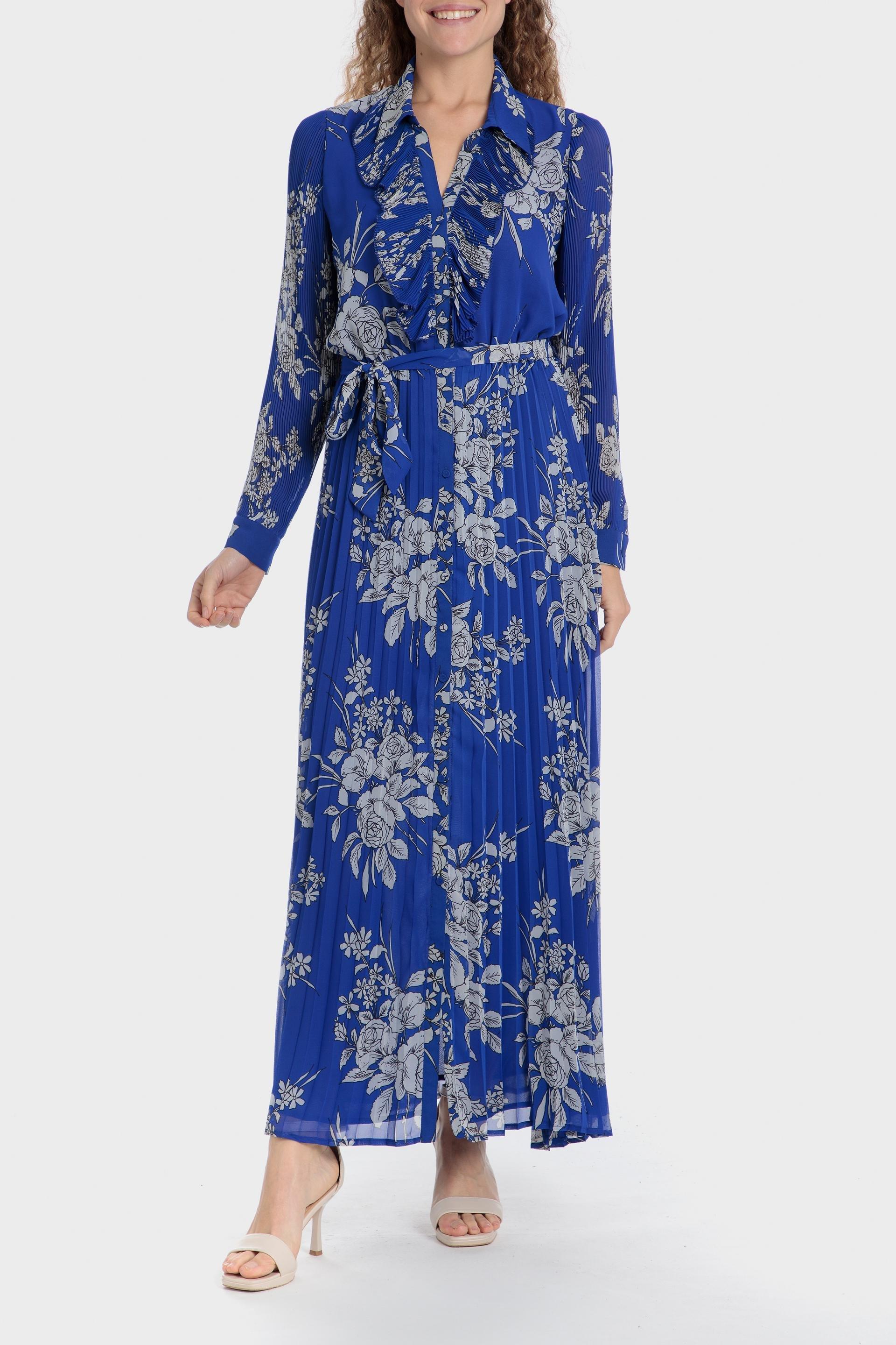 Blue Floral Pleated Bohemian Maxi, , large image number 0