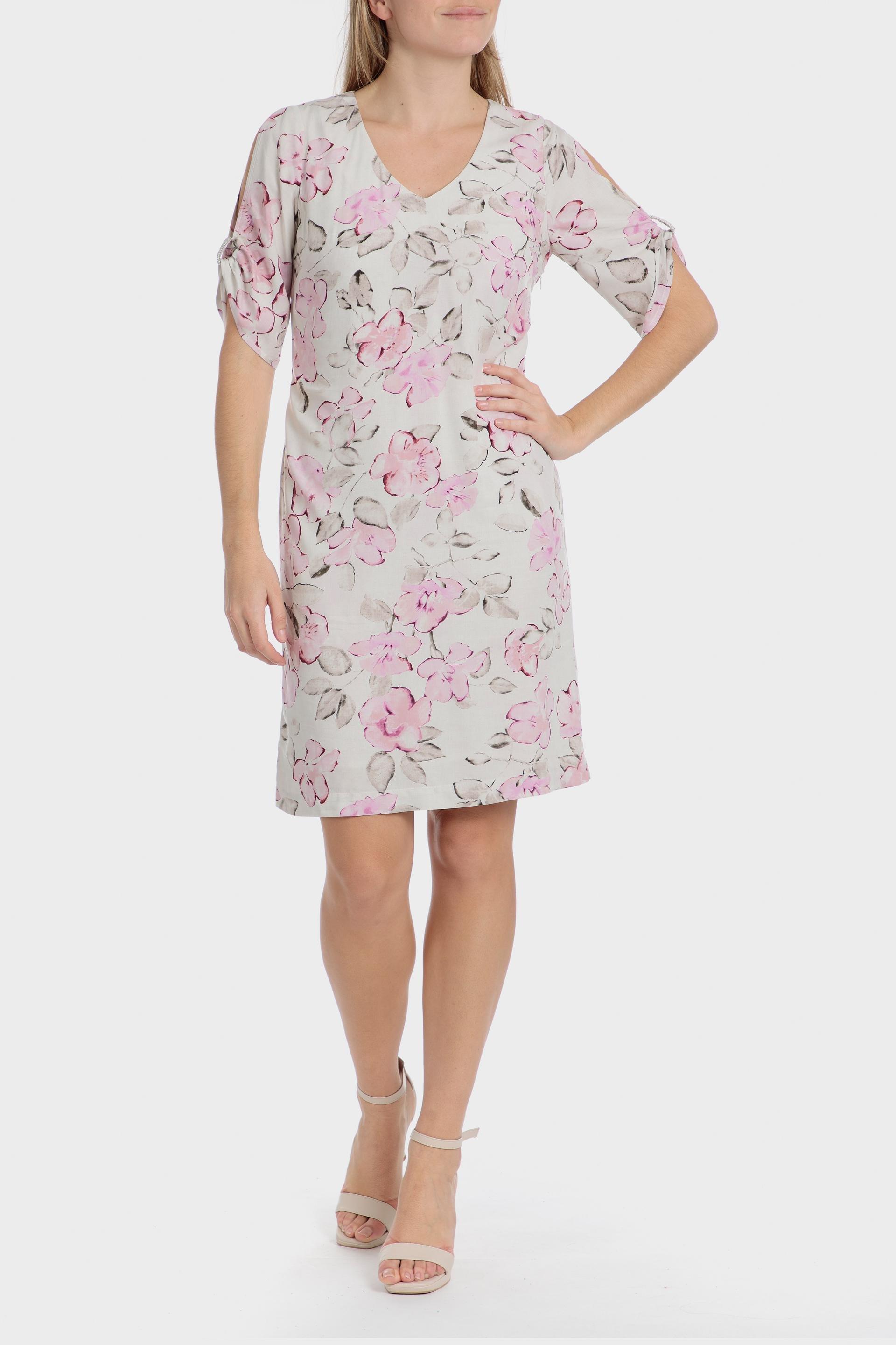 فستان رومانسي متوسط الطول بنقشة زهور، وردي, Beige, medium