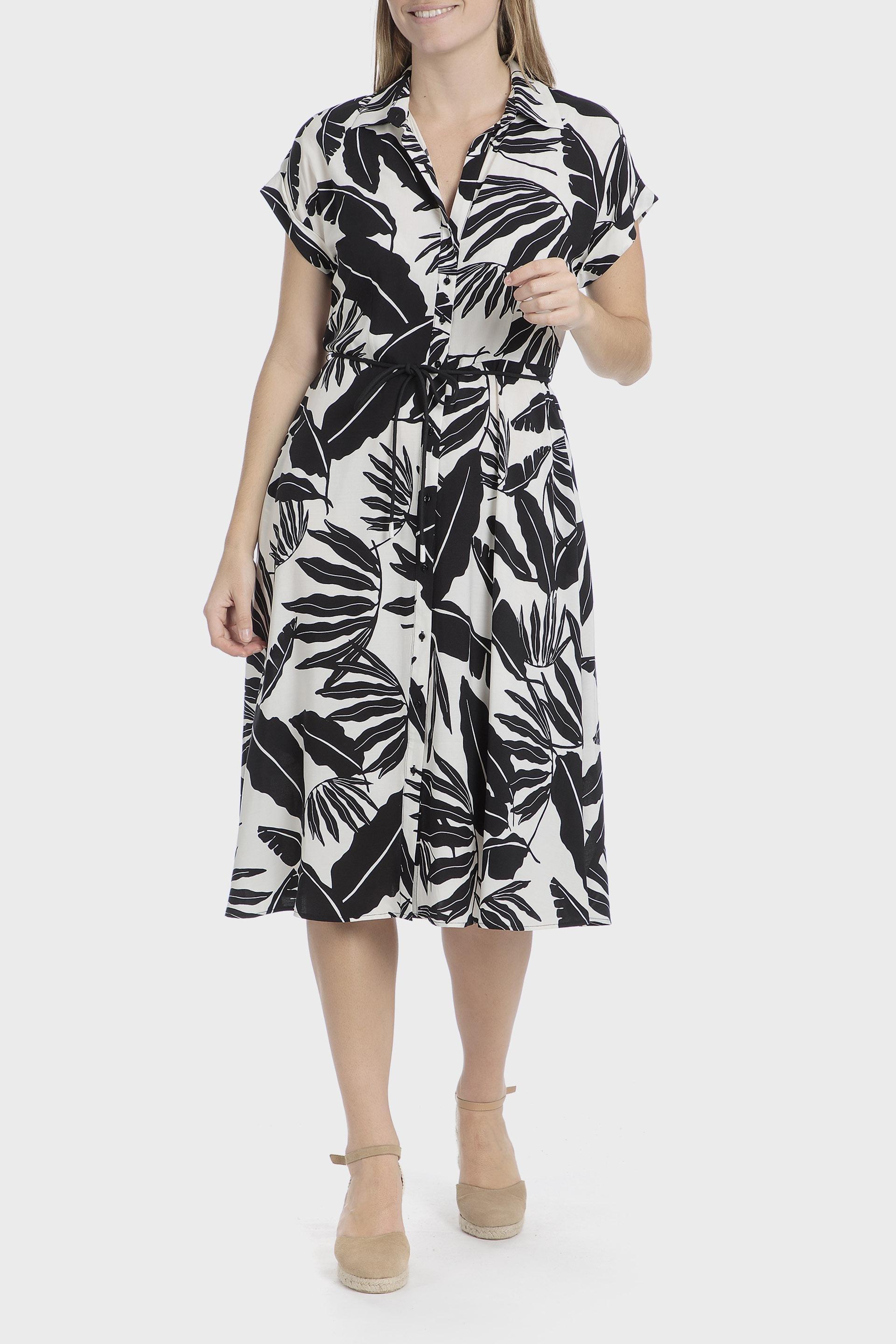 Black Leaves Print Dress, , medium