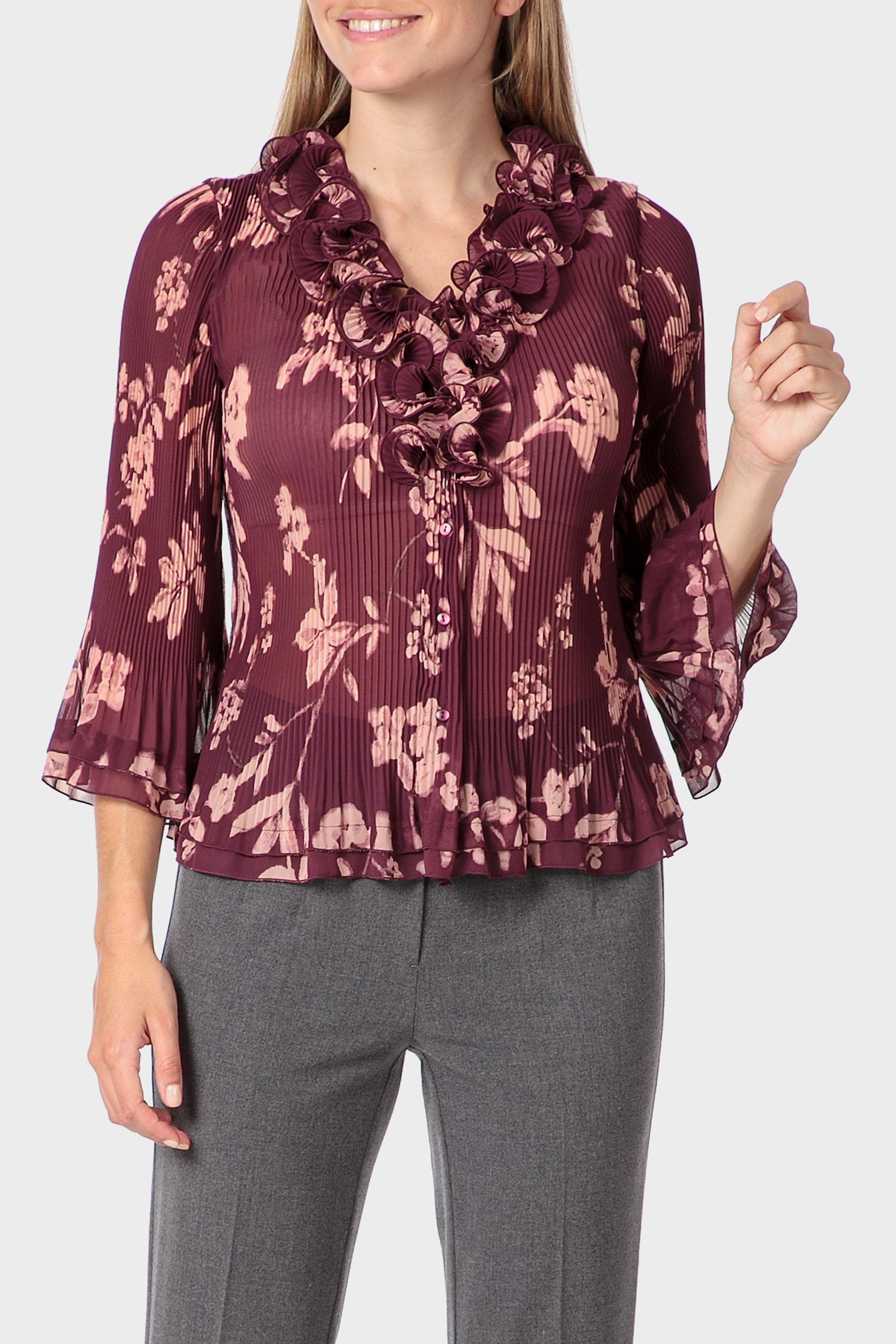 Burgundy Printed Pleated Shirt, , large image number 0