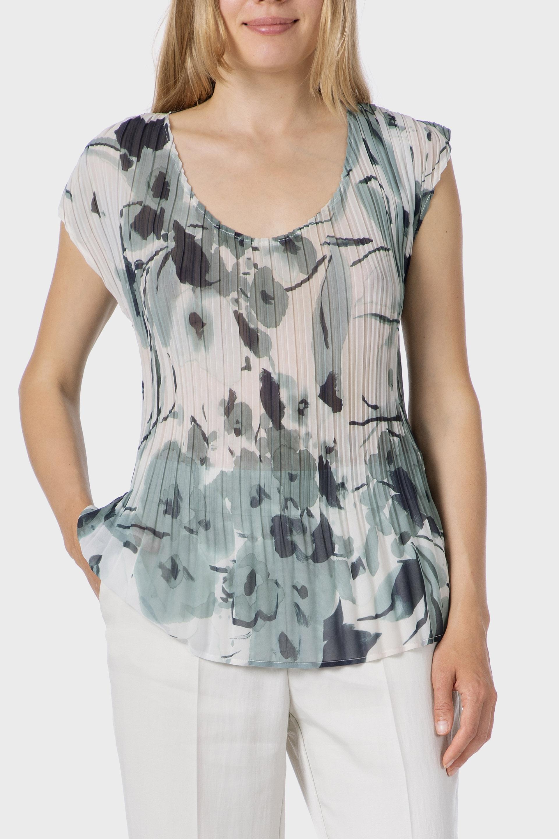 Green Pleated Printed Blouse, 3701_318, medium