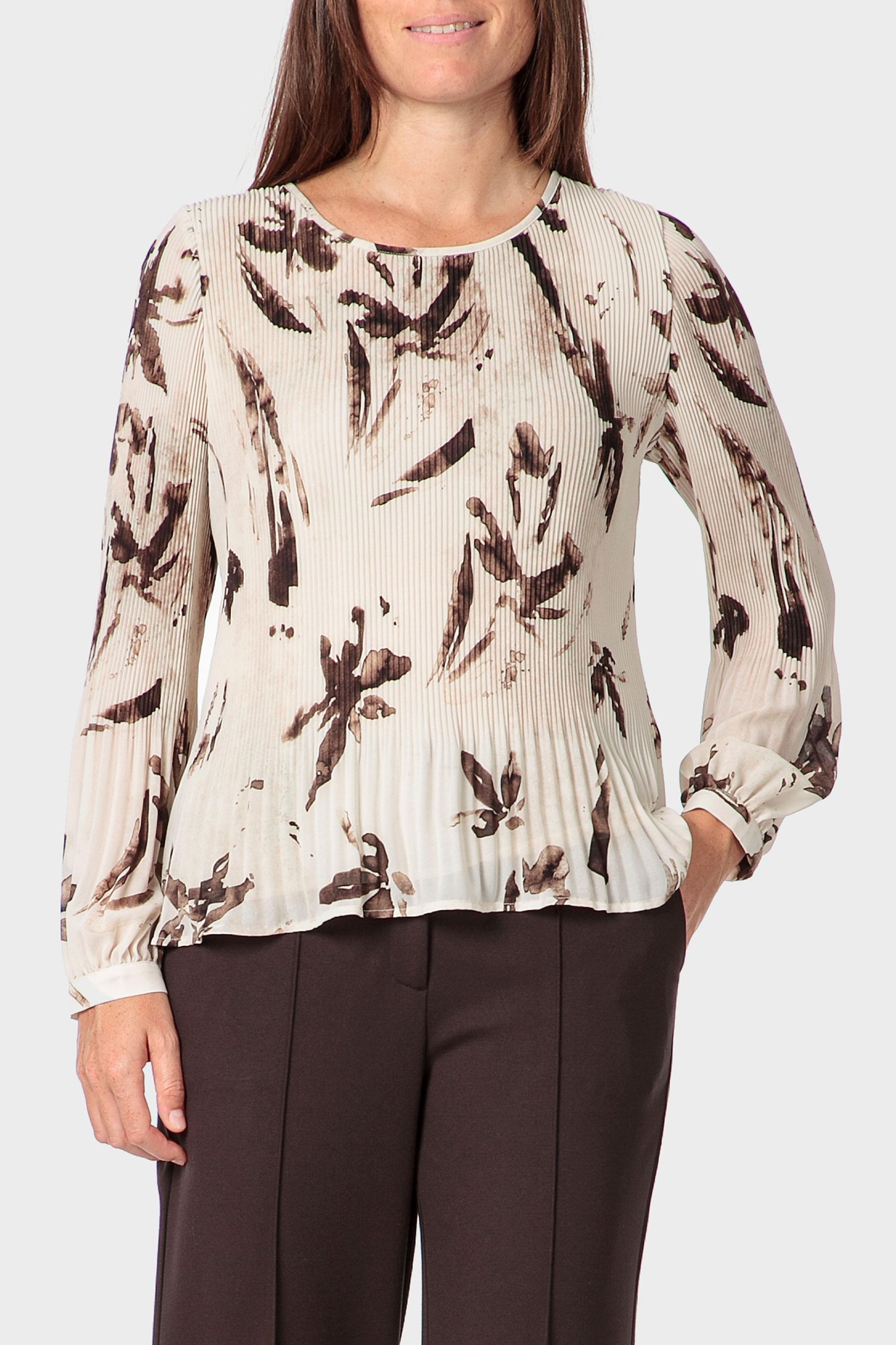 Beige Pleated Printed Blouse, Beige, medium