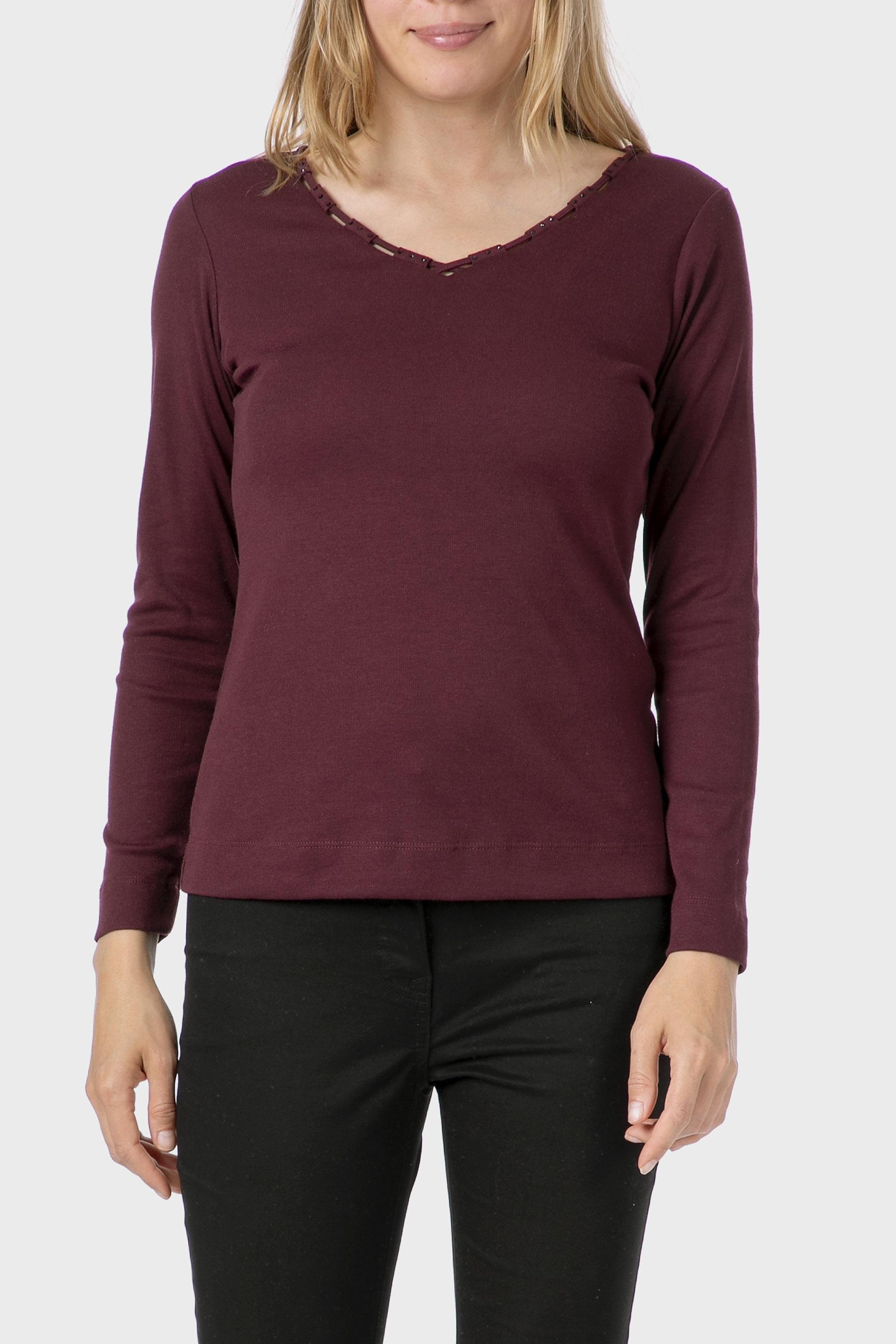 Burgundy Basic T-Shirt With Gemstones, , medium