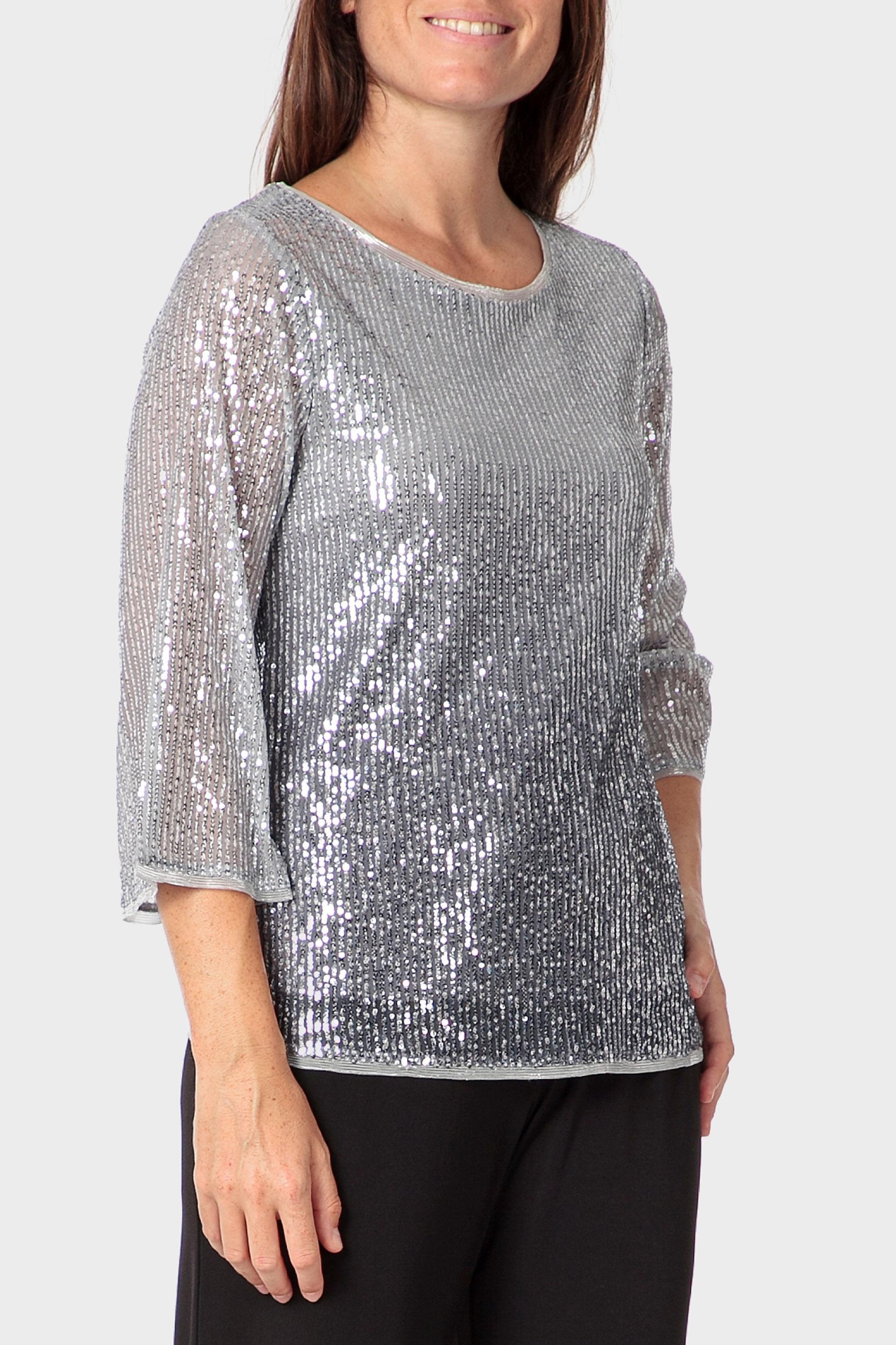 تيشيرت مزين بالترتر، فضي, Metal Silver, medium