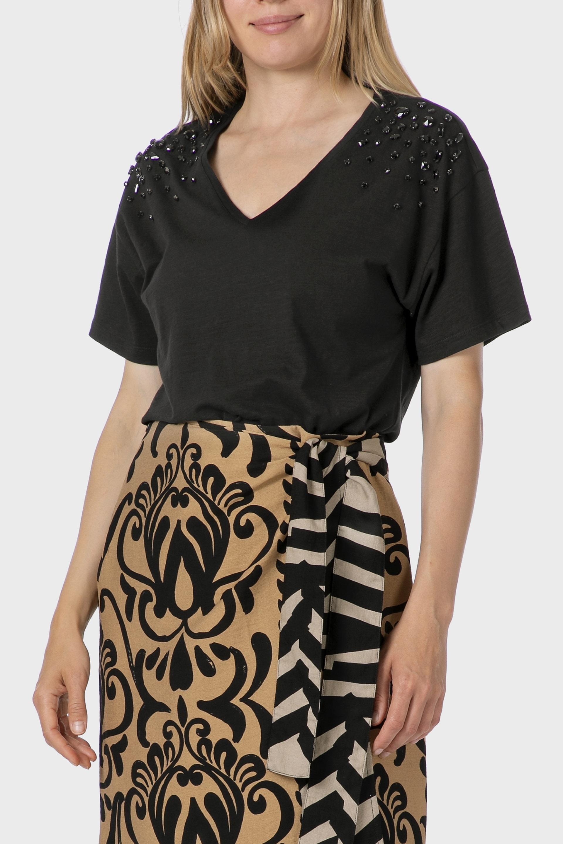 تيشيرت مزين بجواهر، بيج, Black, medium