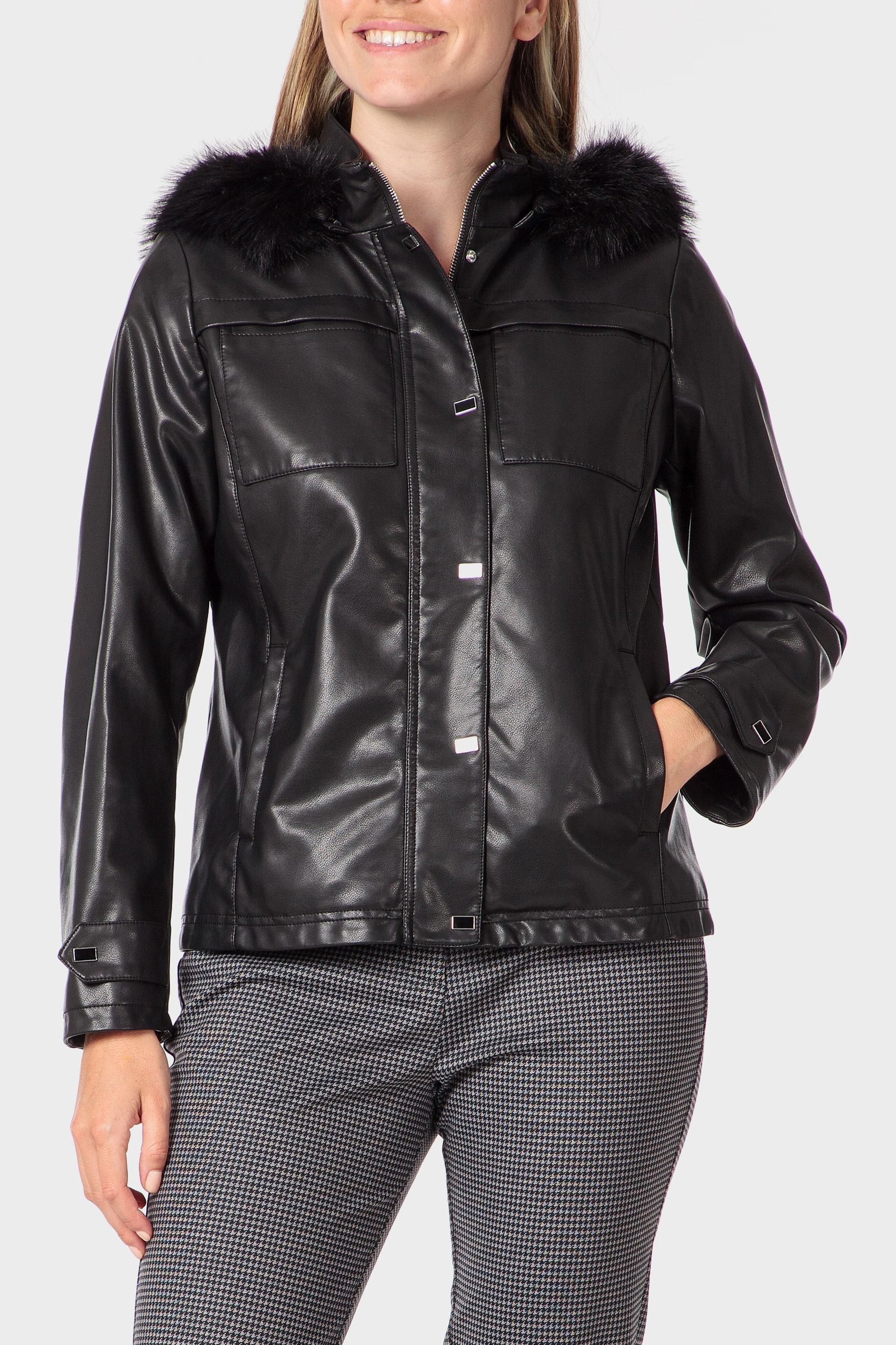 جاكيت مزين بالفرو، أسود, Black, medium