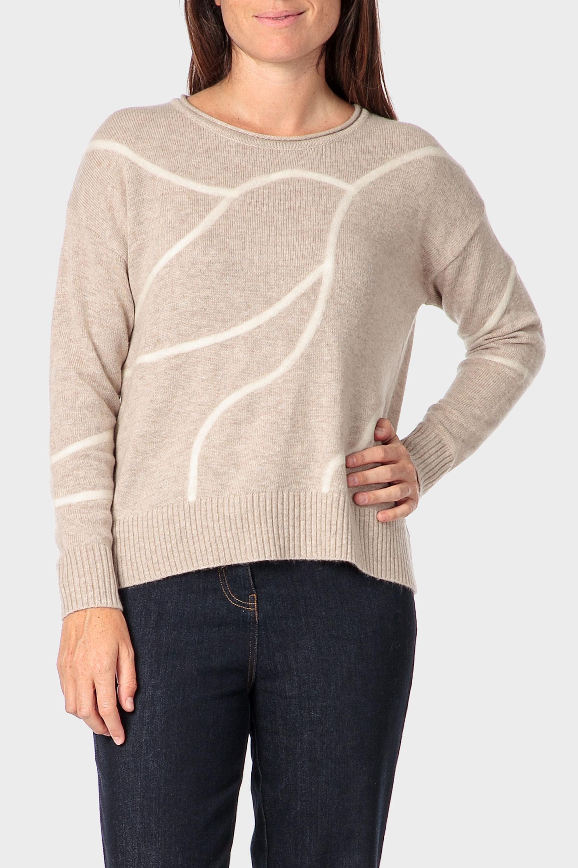 Cream Embroidered Sweater, Beige Melange, large image number 0