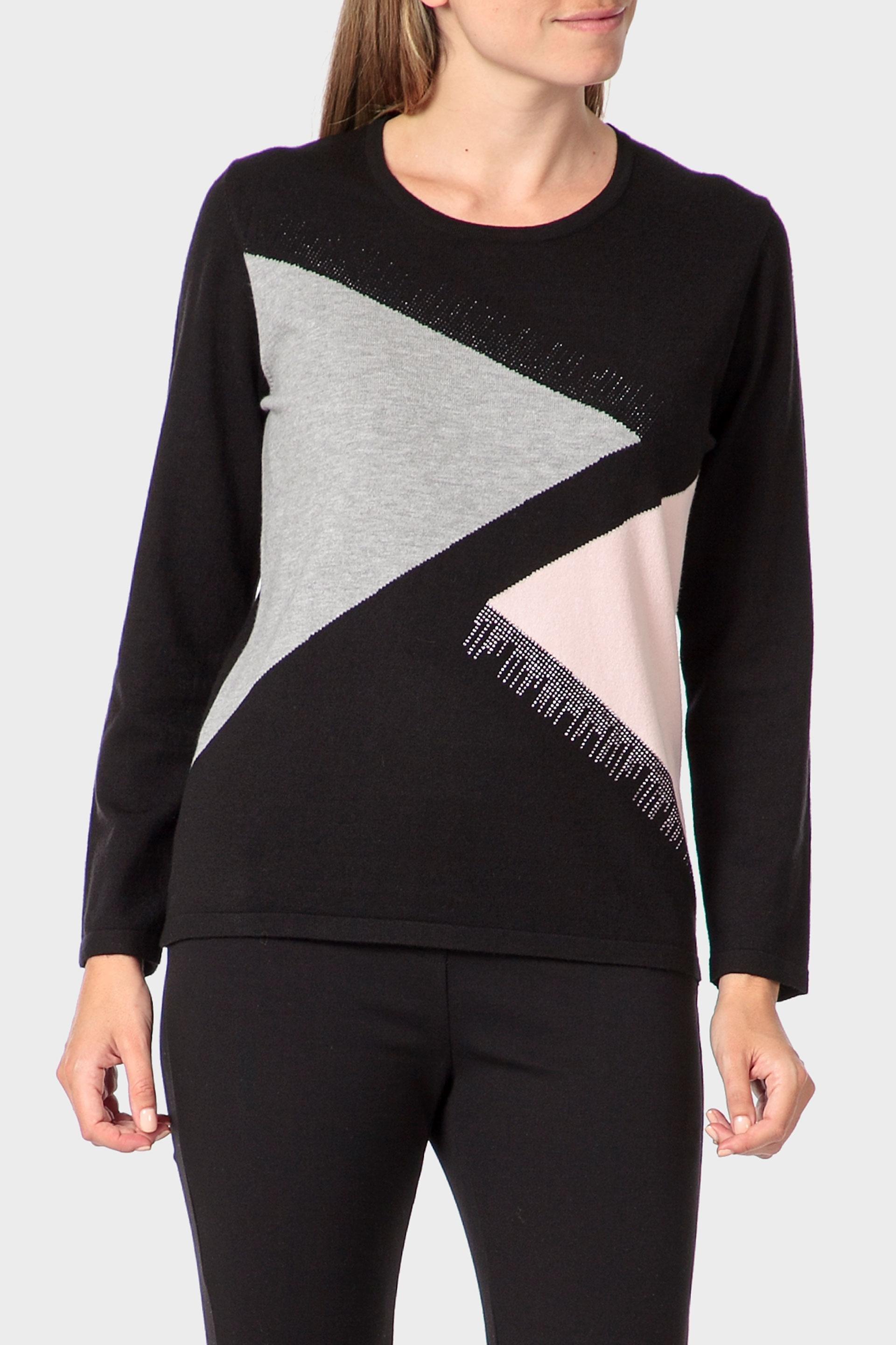 Black Rhinestone Intarsia Sweater, Black, medium