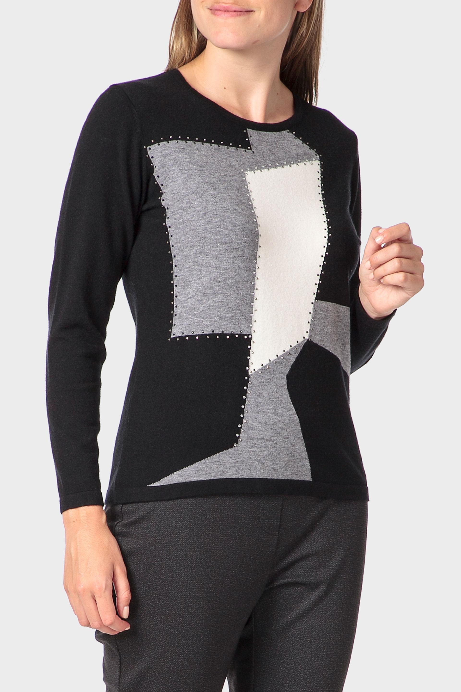 Black Rhinestone Intarsia Sweater, Black, large image number 0