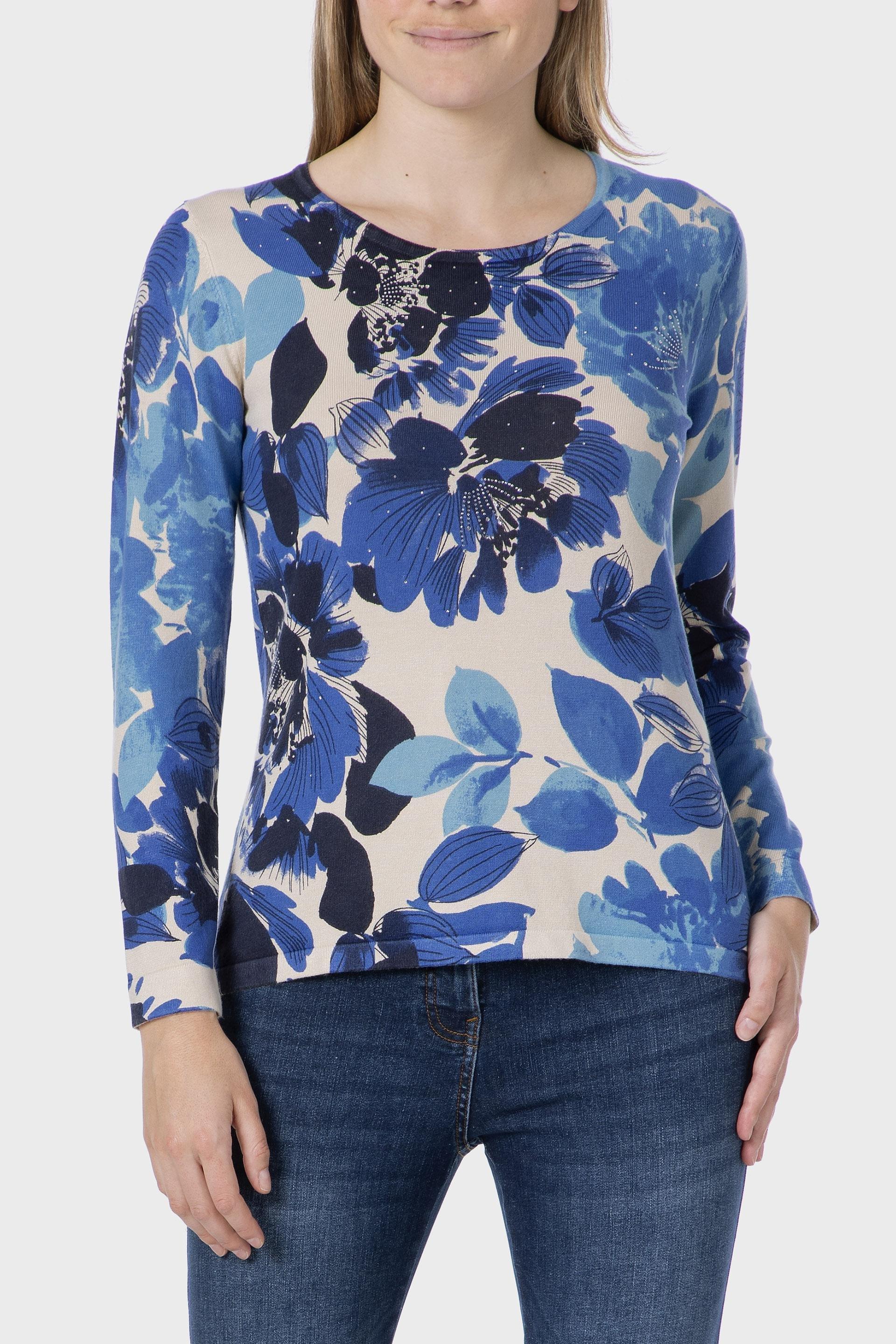 Blue Floral Print Sweater, 3701_361, large image number 0