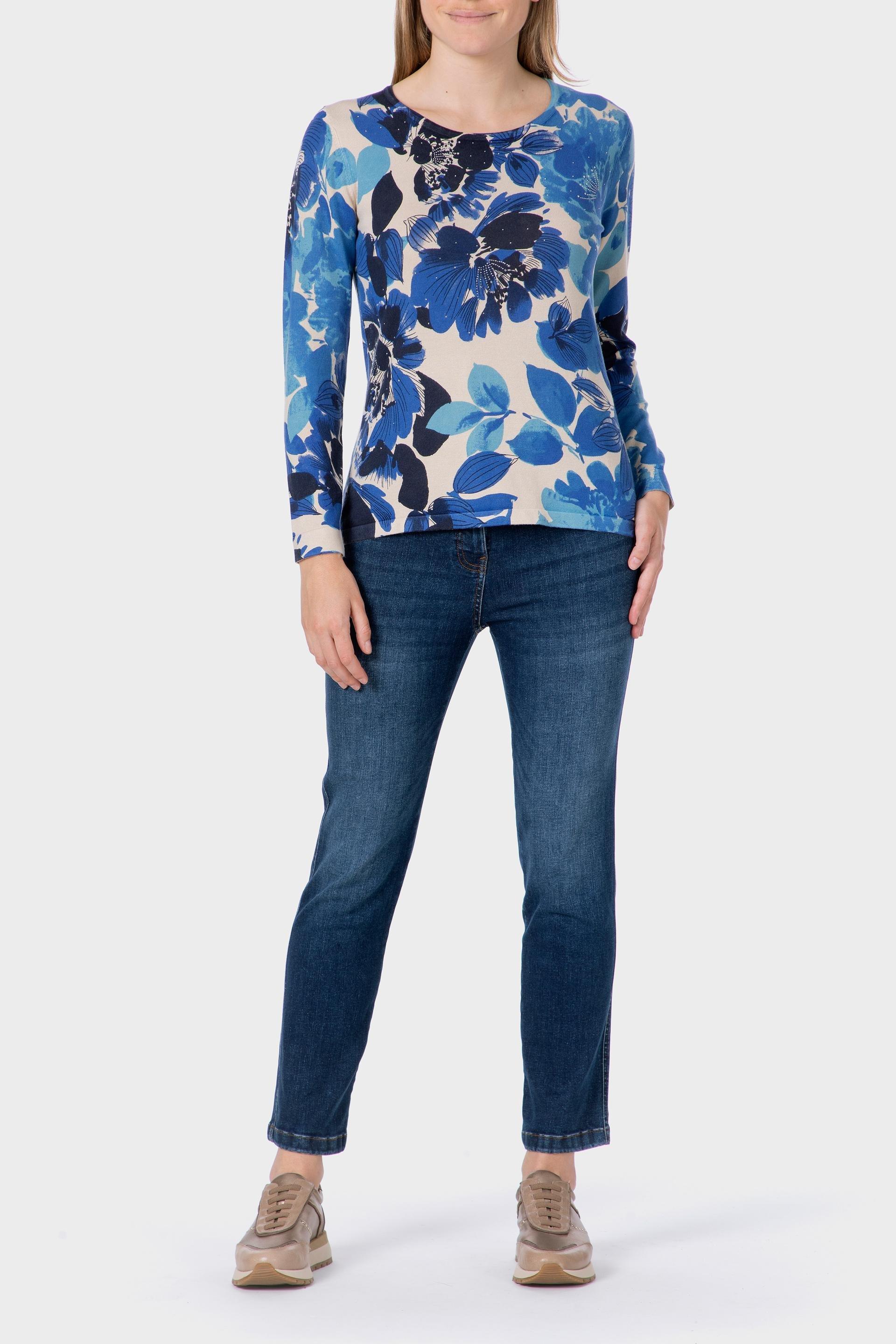 Blue Floral Print Sweater, 3701_361, large image number 1