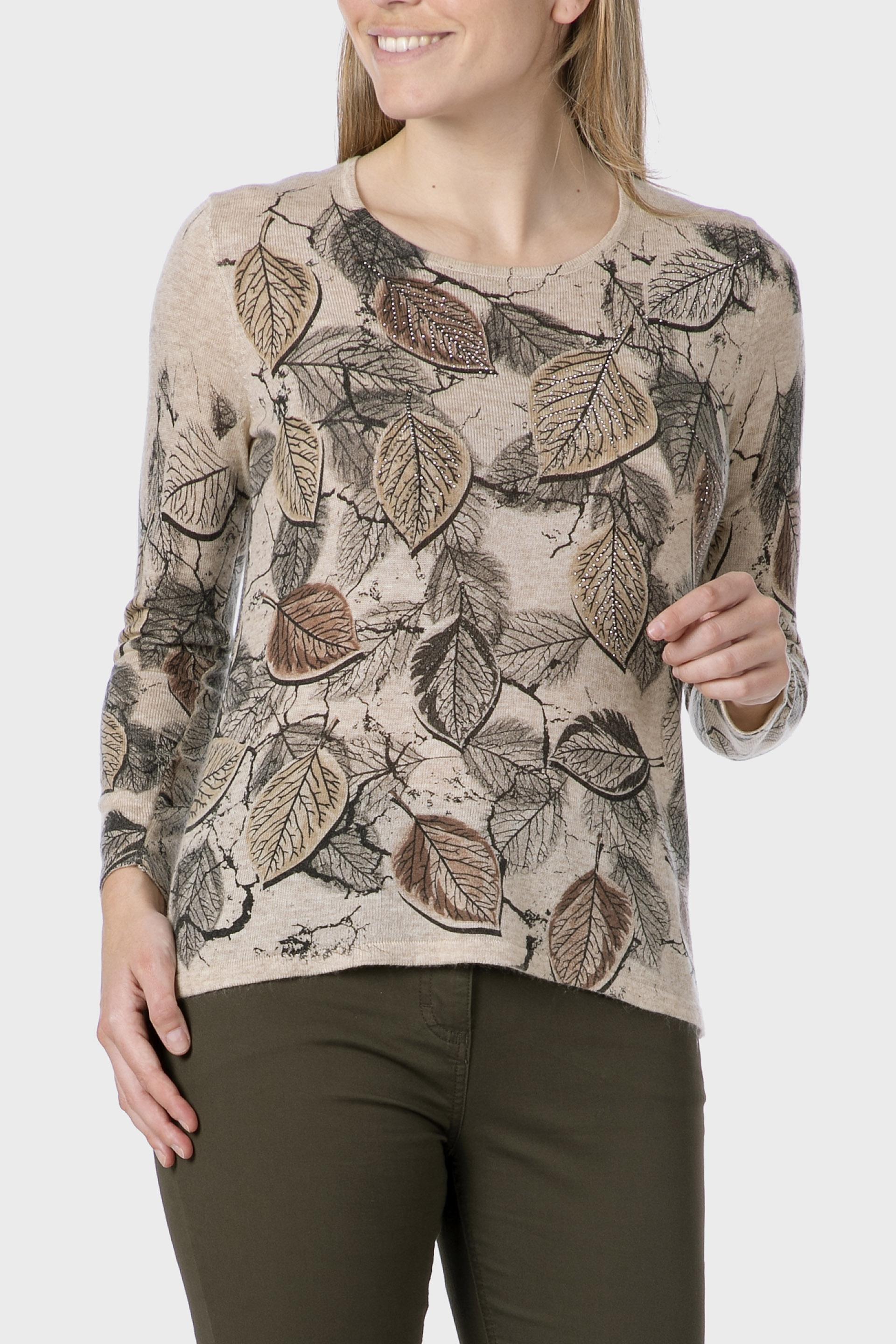 Beige Leaf Printed Sweater, 3701_364, large image number 0
