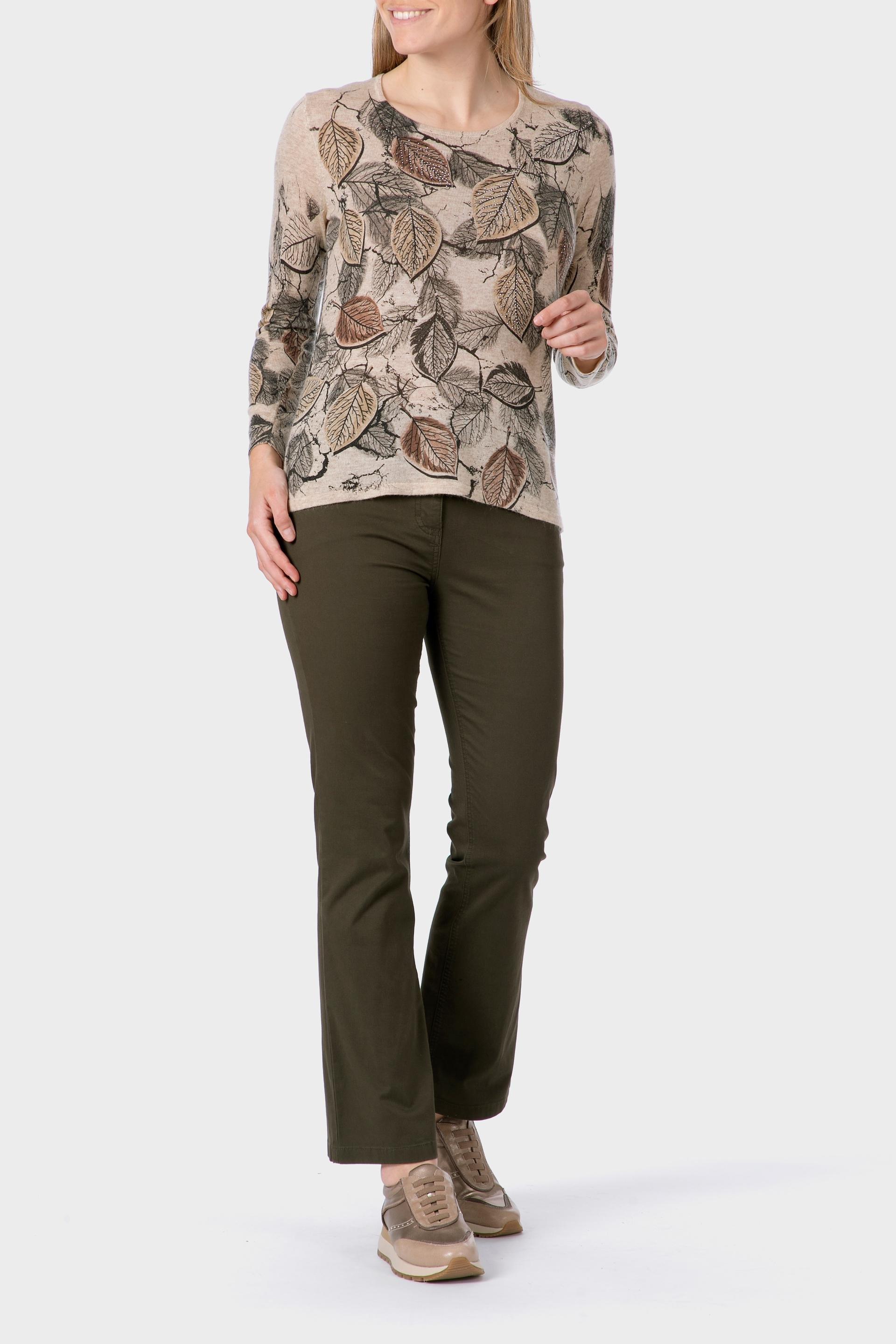 Beige Leaf Printed Sweater, 3701_364, large image number 1