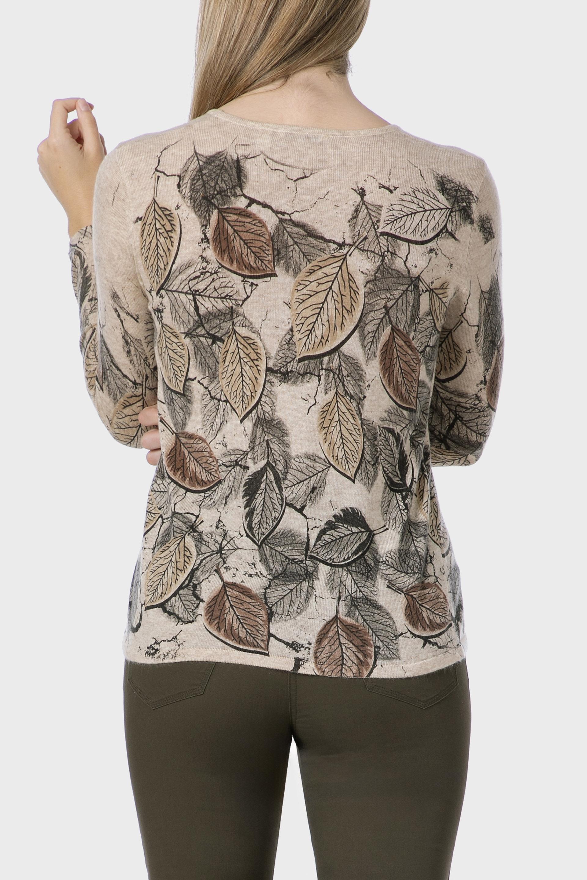 Beige Leaf Printed Sweater, 3701_364, large image number 2
