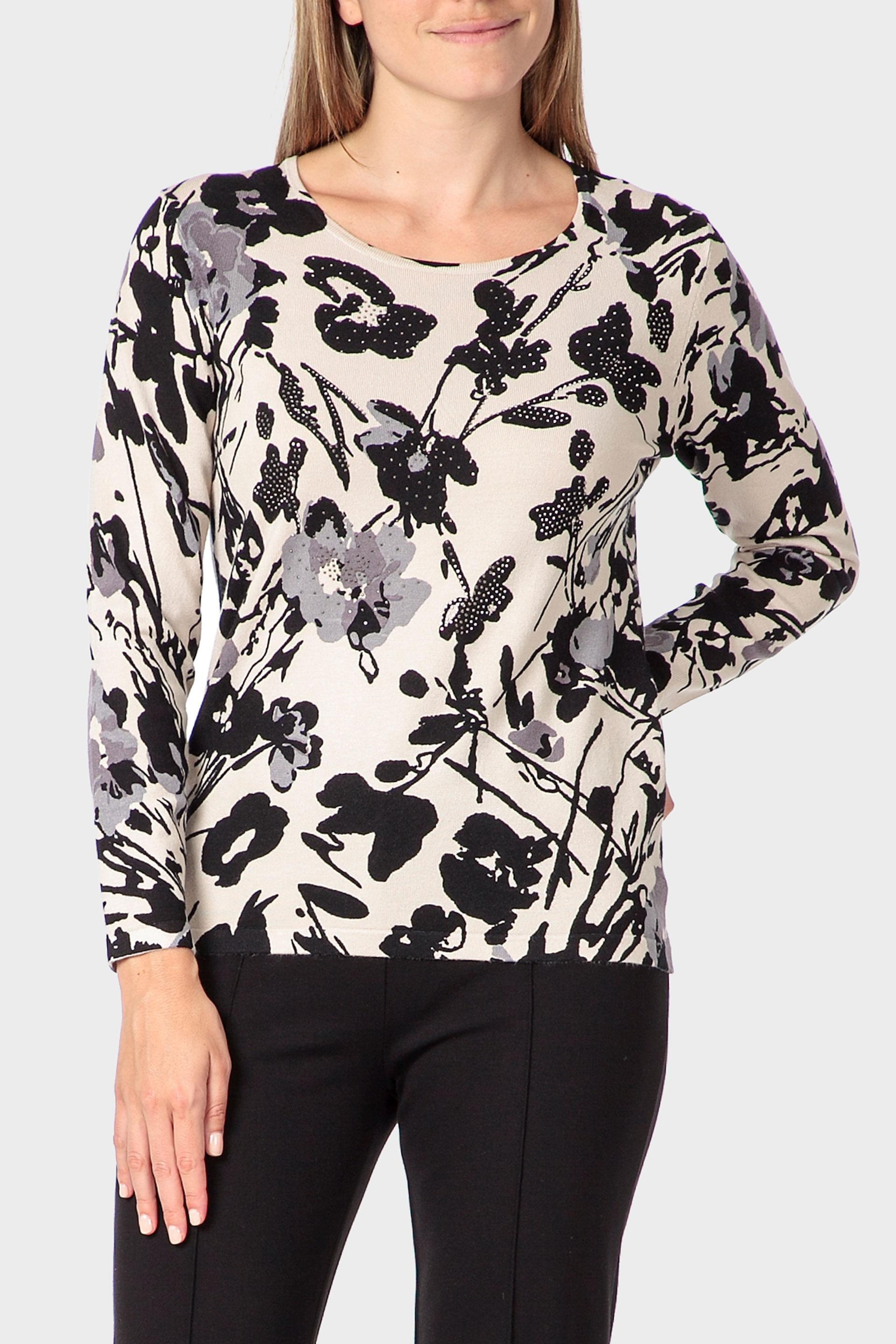 Beige Floral Print Sweater, 3701_126, large image number 0