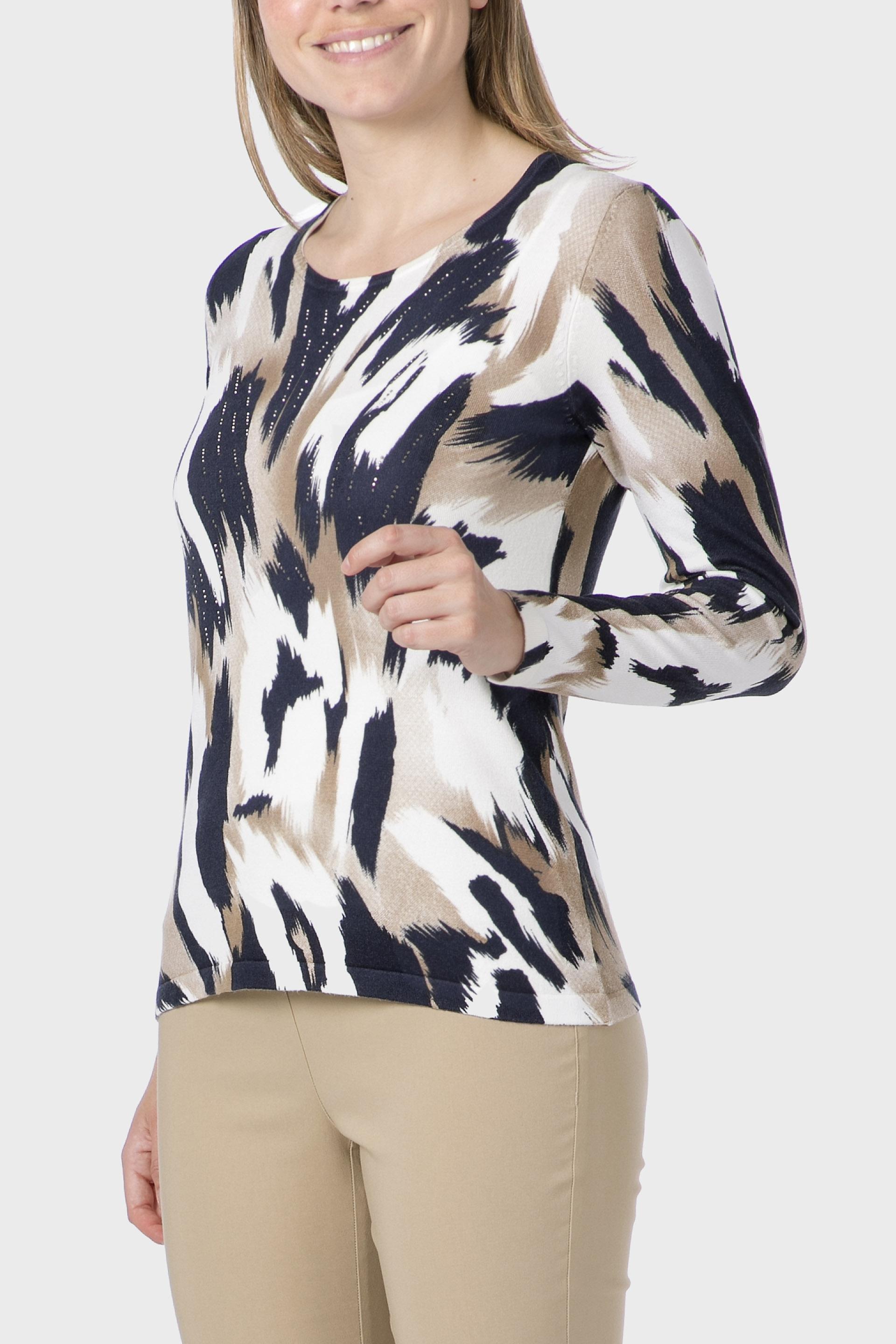 Beige Rhinestone Print Sweater, 3701_104, large image number 0