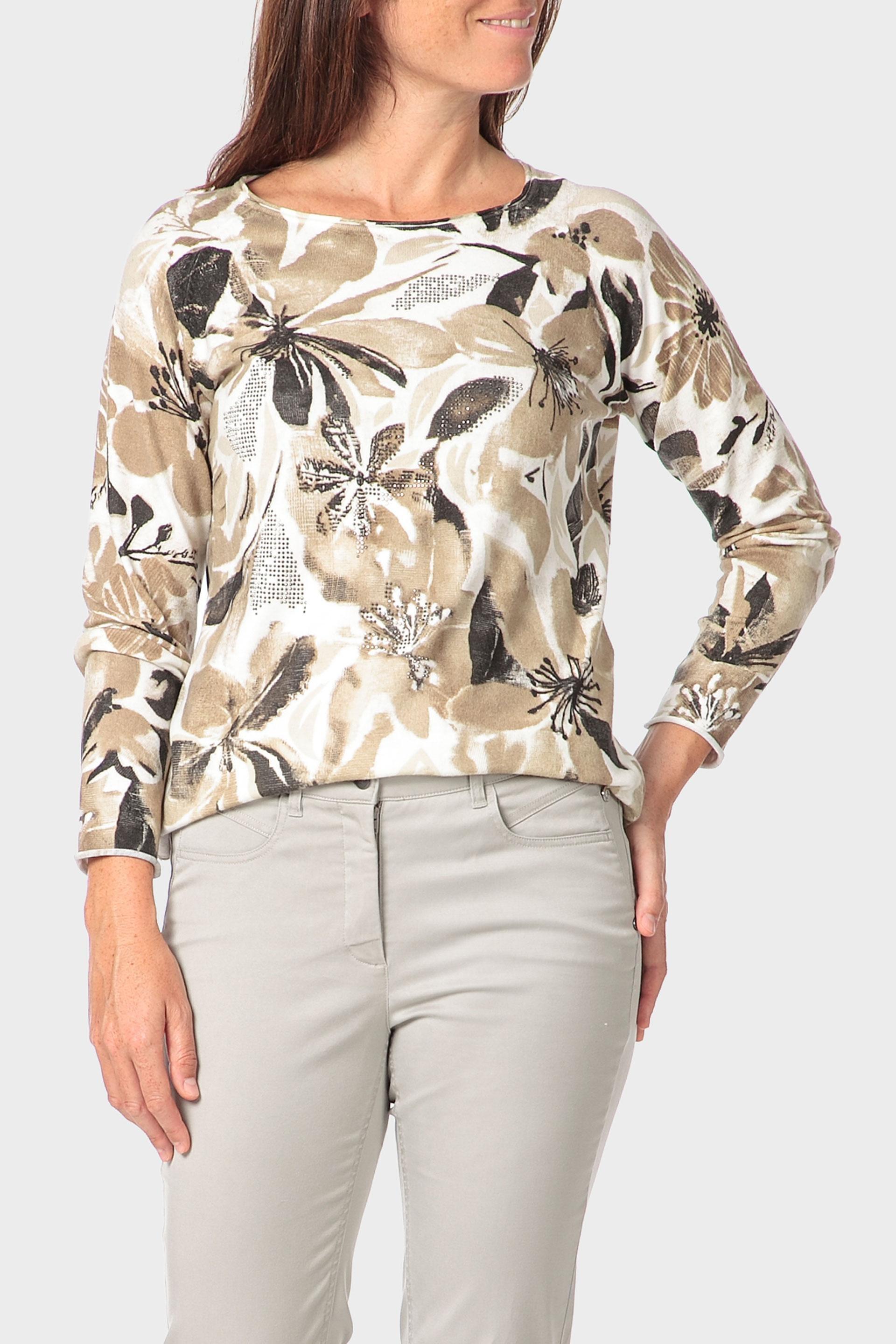 Beige Floral Print Sweater, Beige, medium