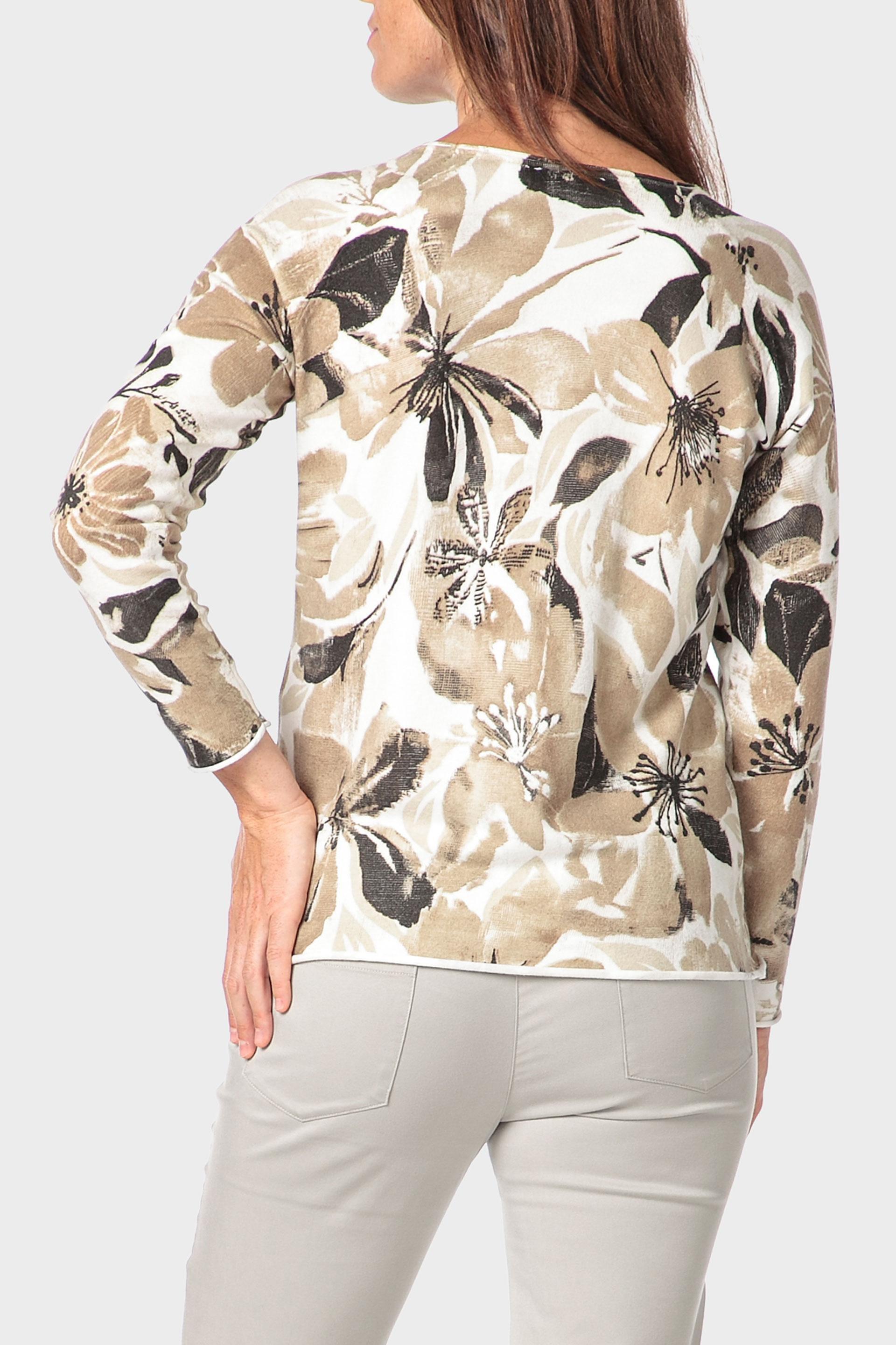 Beige Floral Print Sweater, 3701_126, large image number 2
