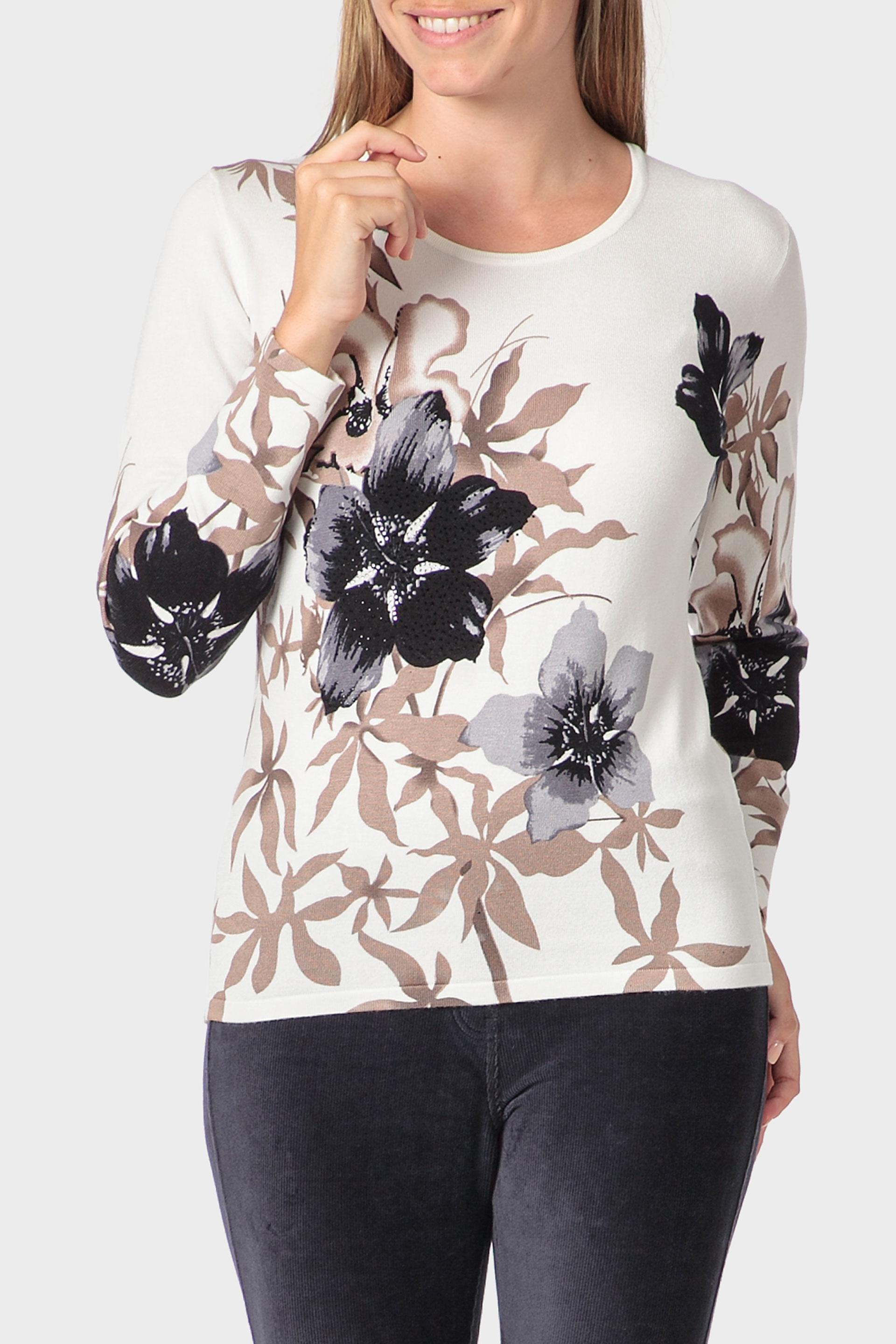 Cream Rhinestone Print Sweater, 3701_148, large image number 0