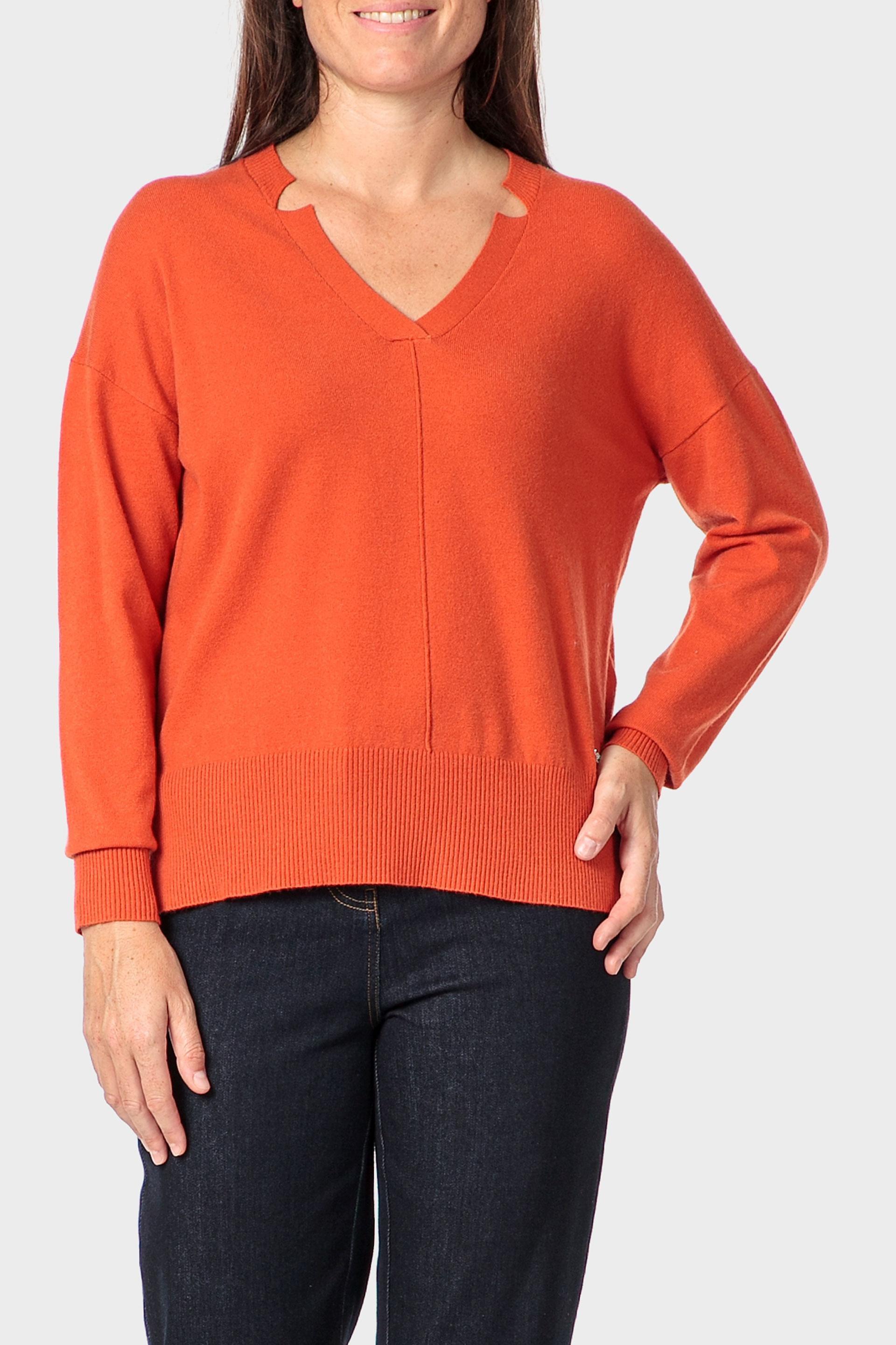 Orange V-Neck Sweater, 3701_142, large image number 0