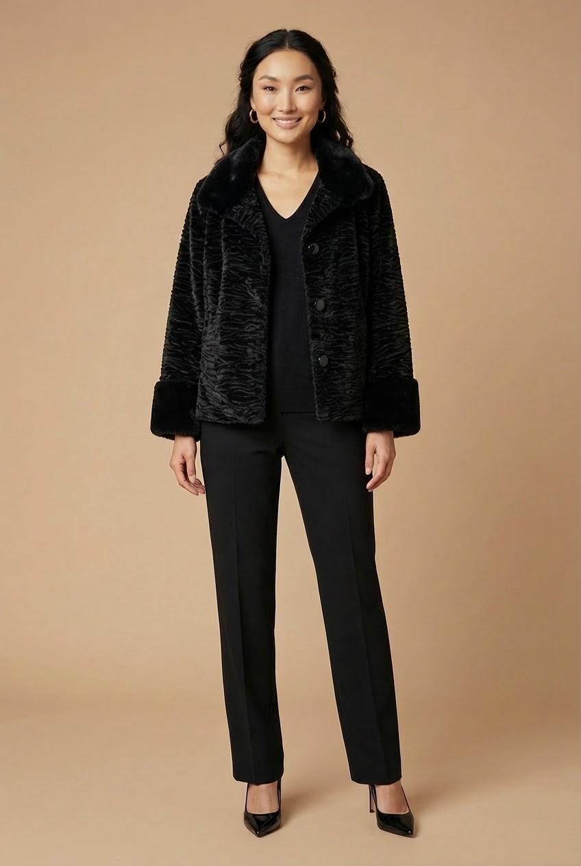 Black Astrakhan Three-Quarter Coat, Black, large image number 0