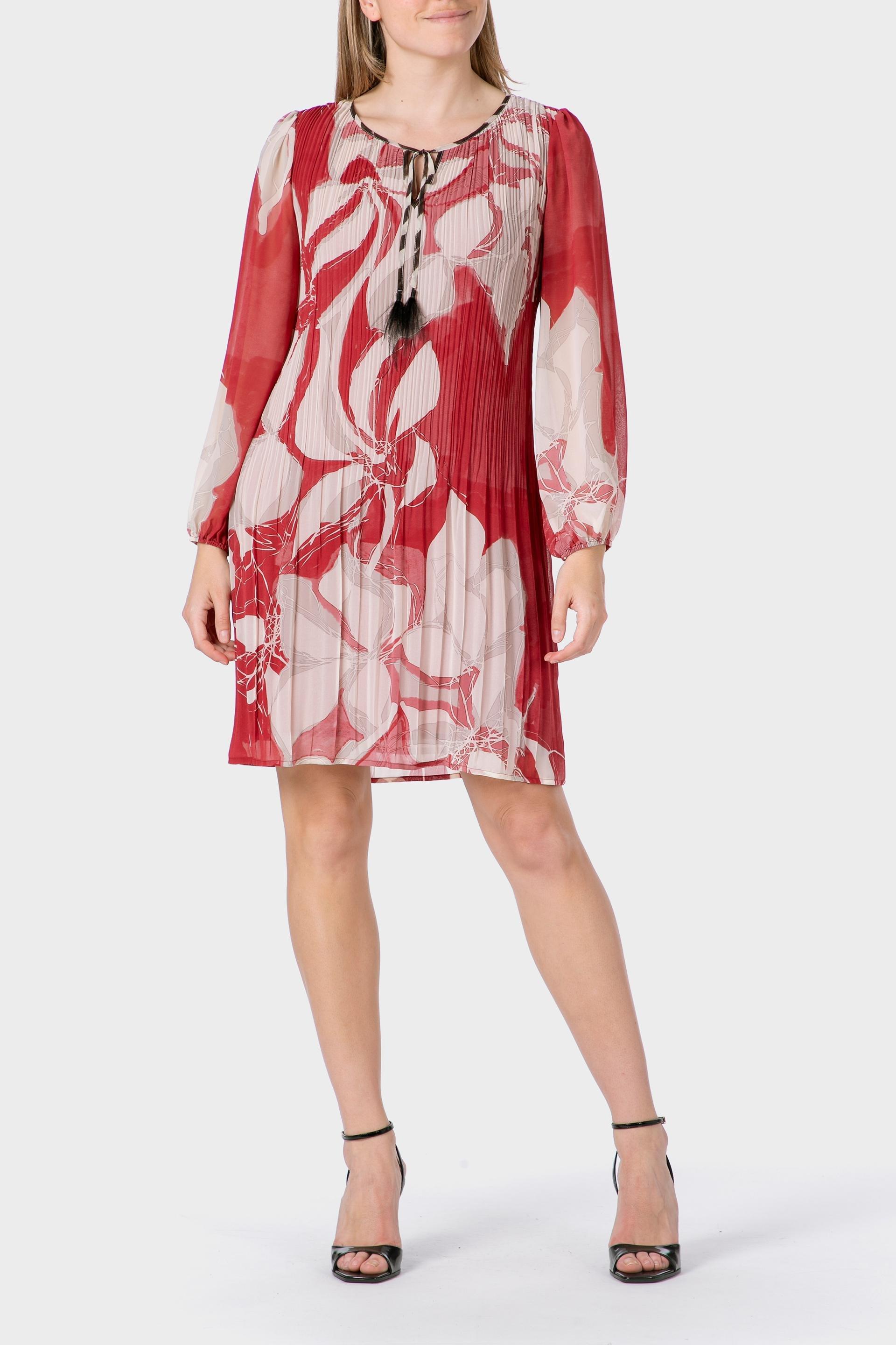 Red Pleated Printed Dress, , medium