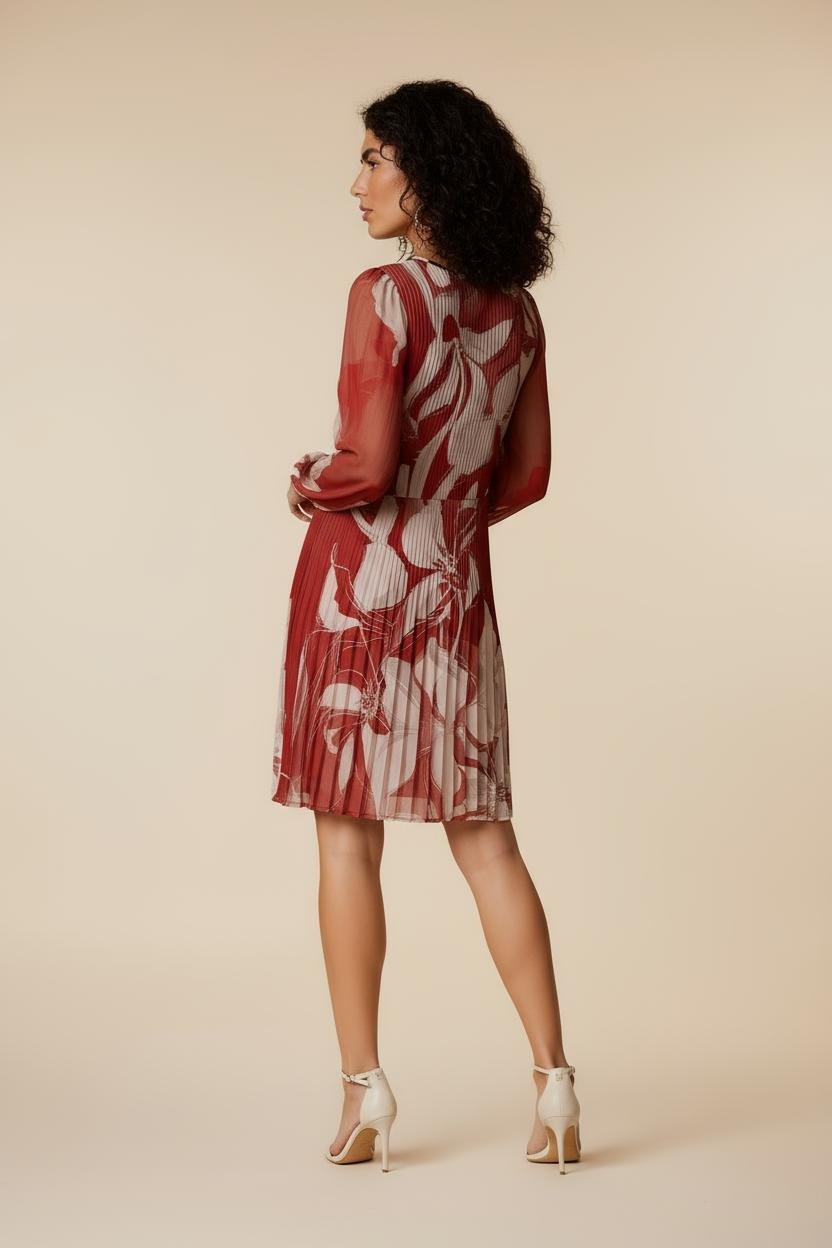 Red Pleated Printed Dress, 3701_103, large image number 1