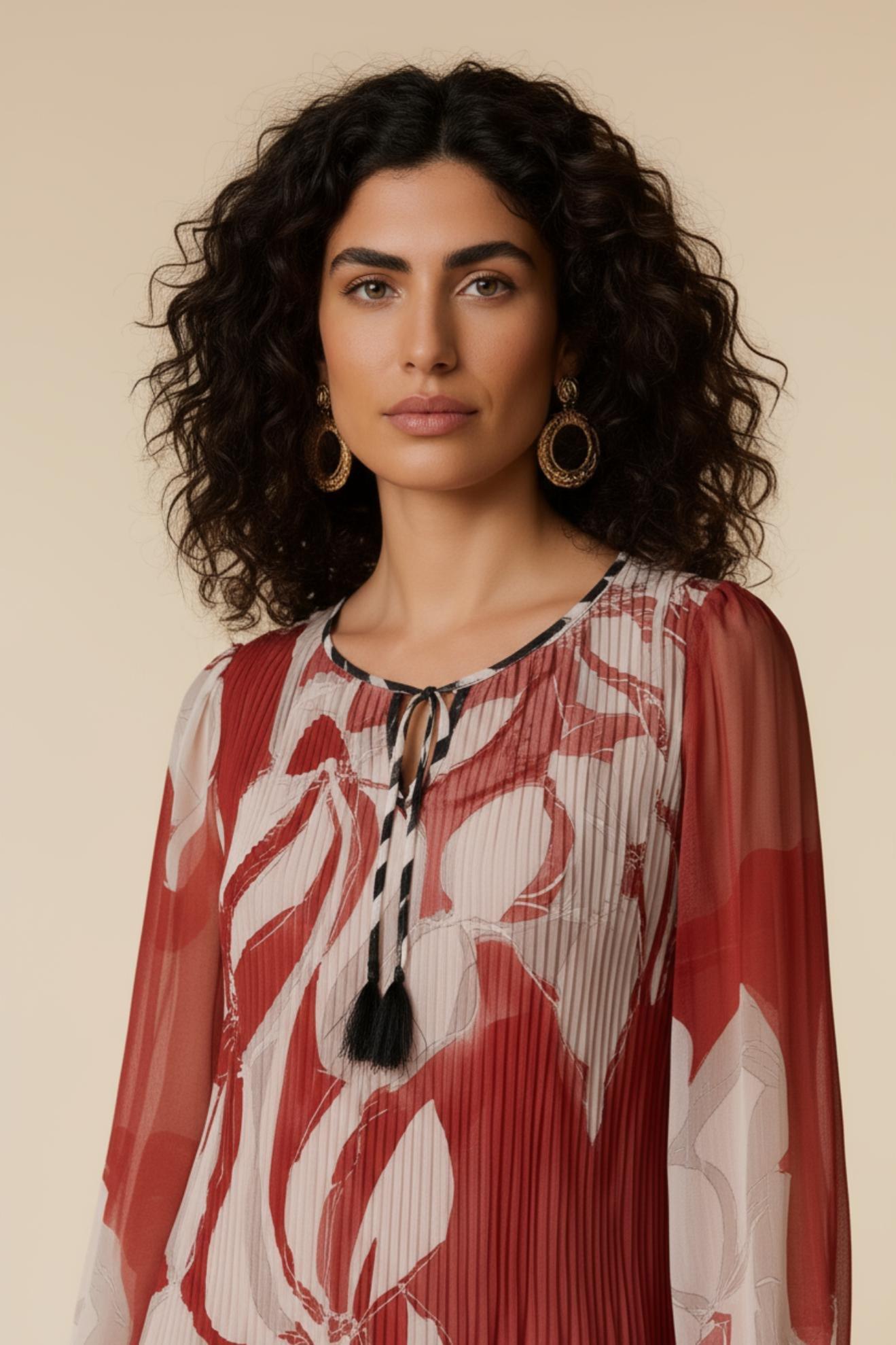 Red Pleated Printed Dress, Red, large image number 4